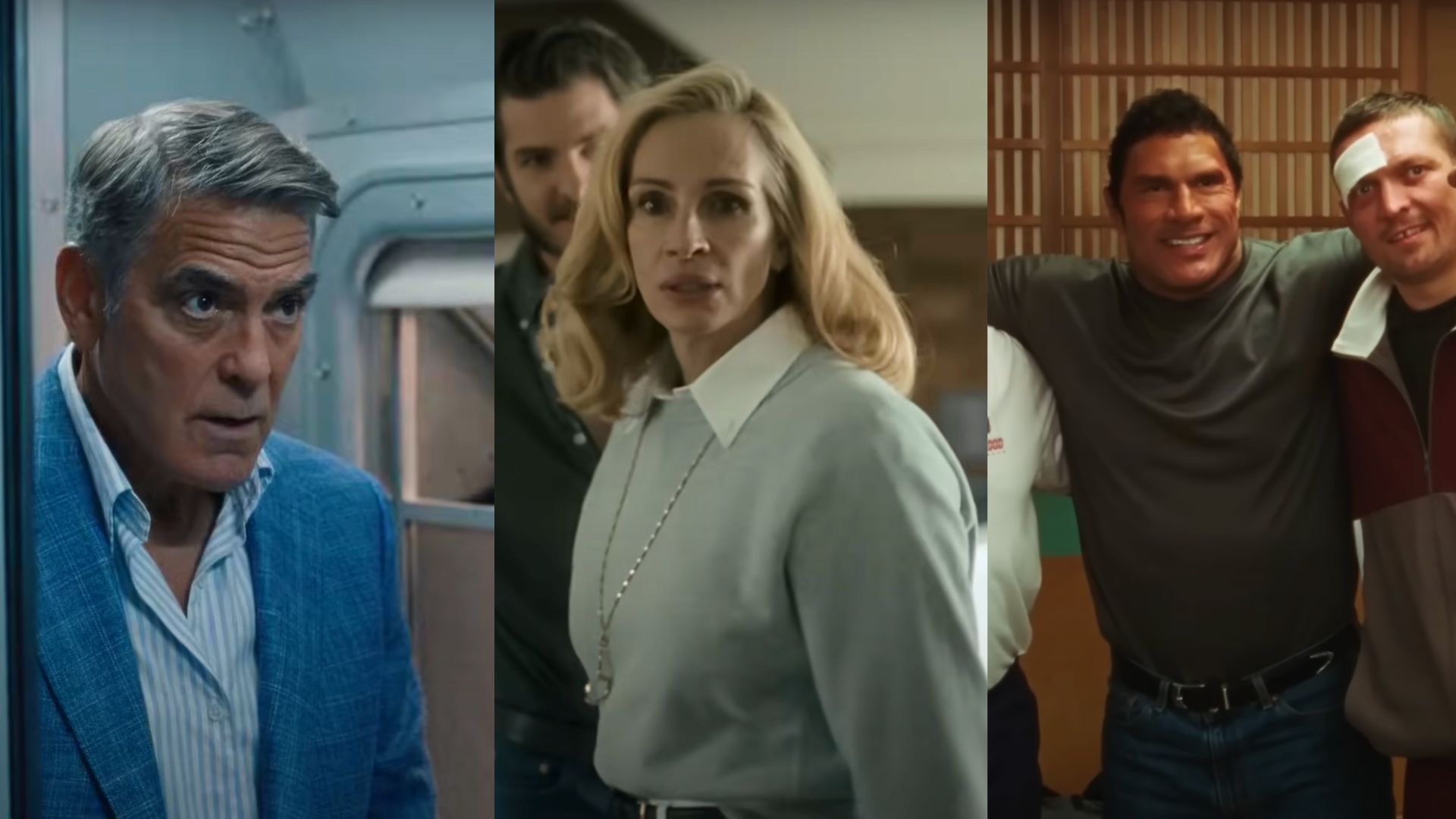 Jay Kelly, After the Hunt, &amp; The Smashing Machine will play at Venice (Images via YouTube/Netflix, Amazon MGM Studios, A24)