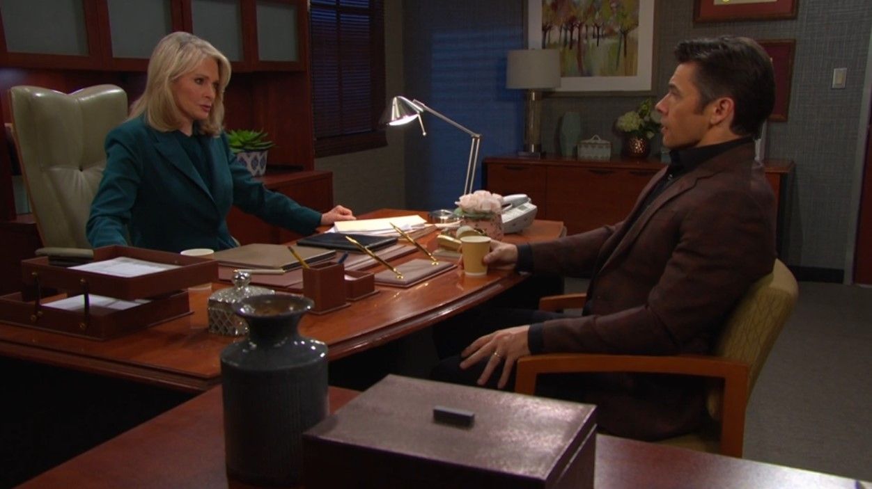 Xander (Paul Telfer), with hat in hand, asked for Marlena&rsquo;s (Deidre Hall) help. \Image: Peacock