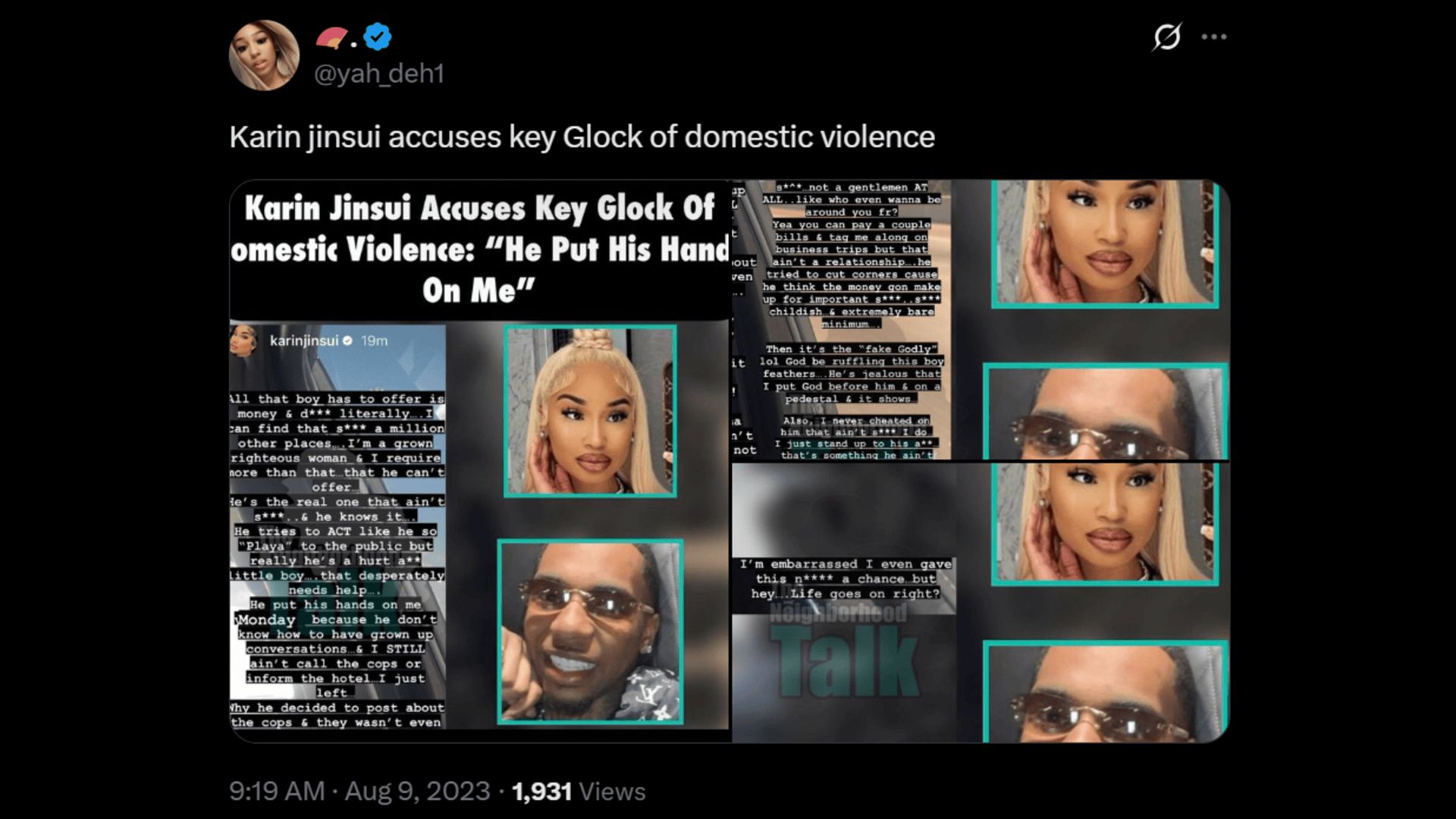 Key Glock&#039;s ex-girlfriend Karin Jinsui accused him of physical assault in 2023. (Image via X)