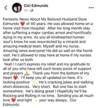 Cici Edmunds shares health updates on husband Dave - via @Cici Edmunds official facebook page