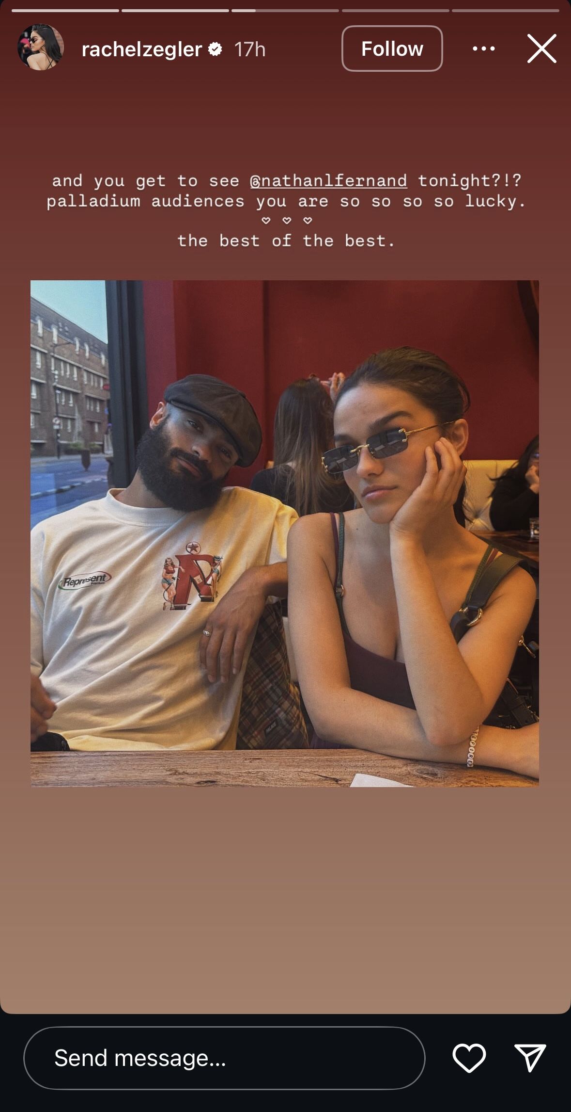 A photo of Rachel Zegler&#039;s story encouraging people to watch Nathan Louis-Fernand&#039;s performance on her Instagram story. (Image via Instagram/@rachelzegler)