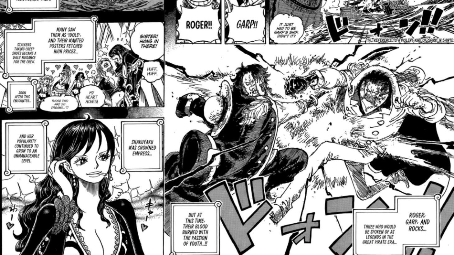 A manga panel showing Roger and Garp&#039;s fight along with Empress Shukuyaku (Image Source: VIZ)