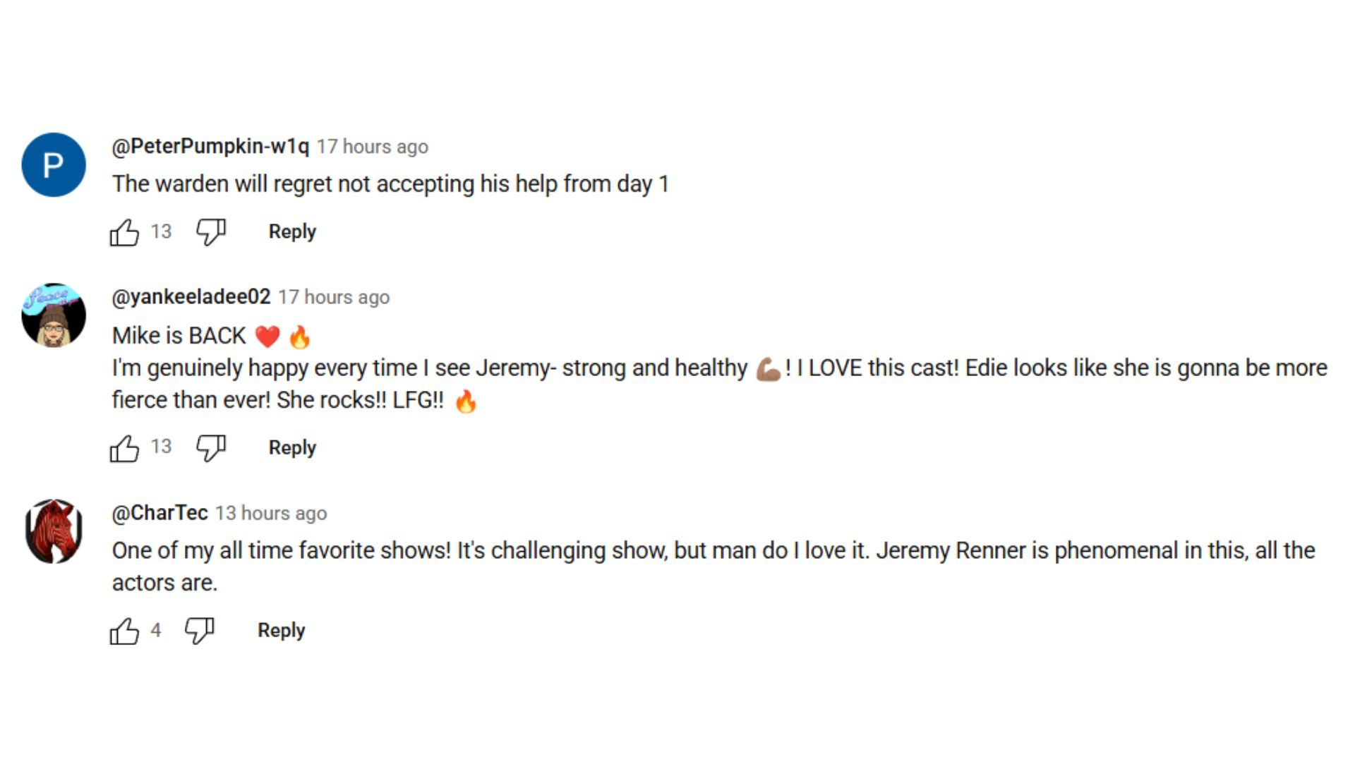Renner fans flood the comments section (Image via YouTube)
