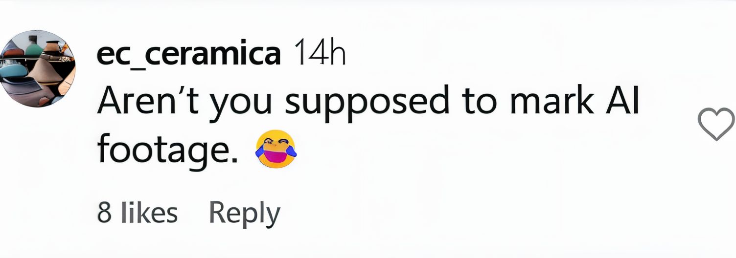 A user questions why Smith hasn&#039;t marked the footage as AI (image via @ec_ceramica on Instagram)
