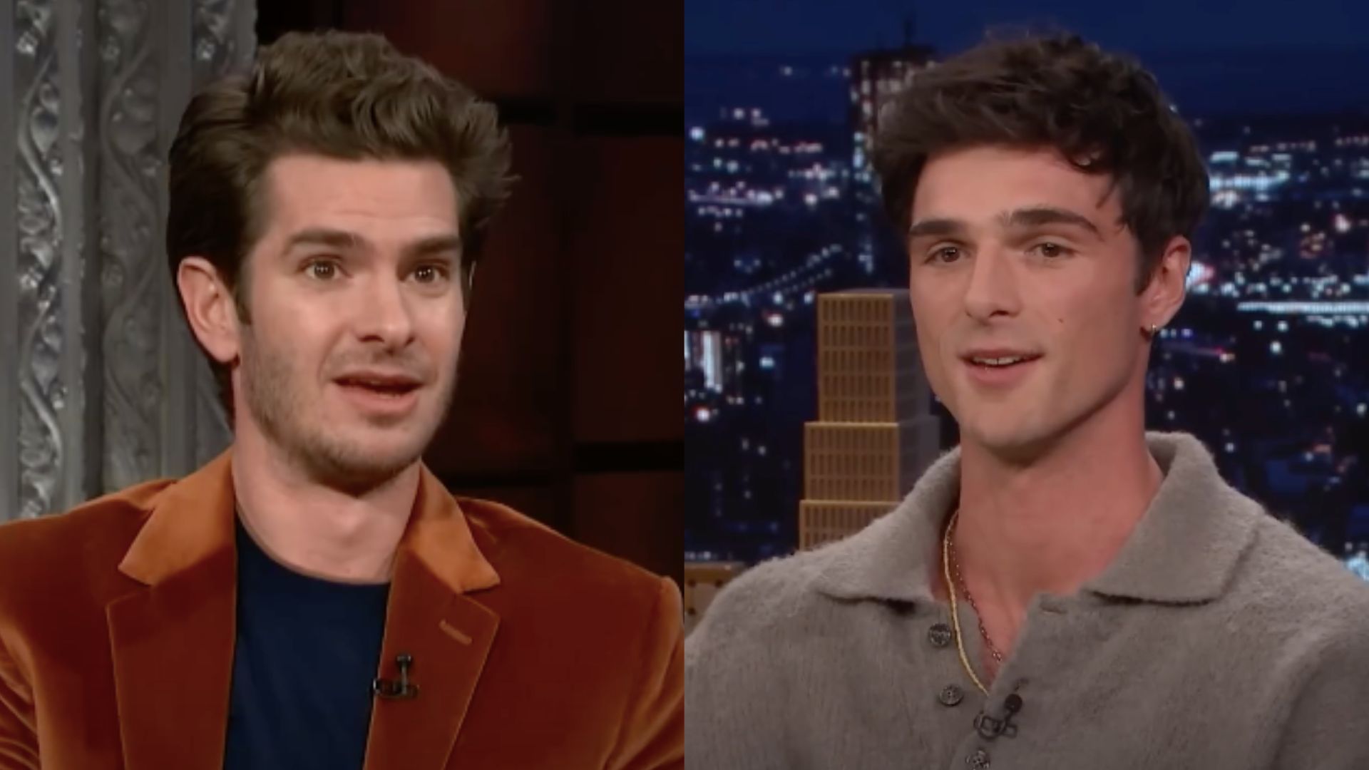 This is a collage of the images of actors Andrew Garfield (left) and Jacob Elordi (right)
