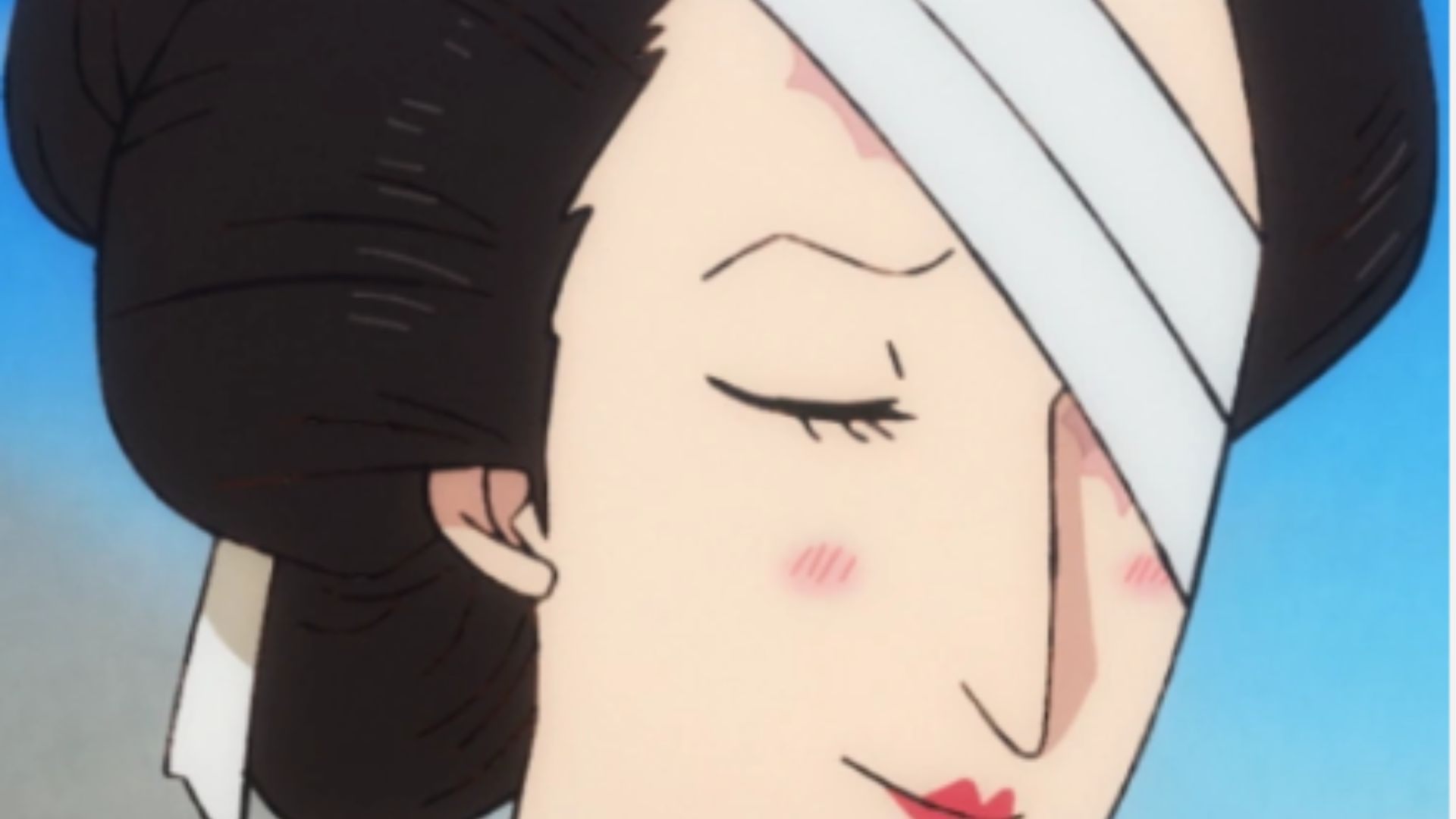 Burn marks on Otsuru&#039;s forehead after the Okobore Town incident (Image Credits: Toei Animation)
