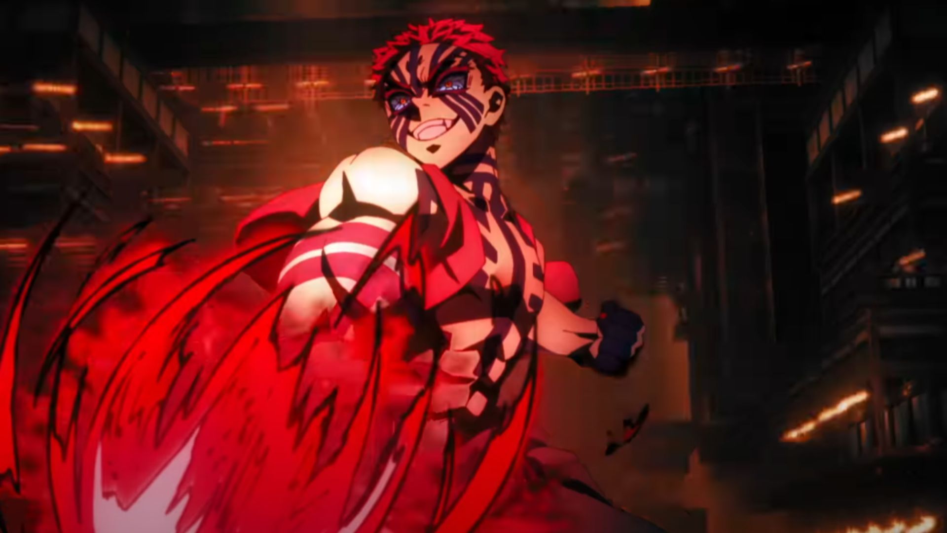 A high-quality animation of Akaza&#039;s power (Image Source: Studio Ufotable)