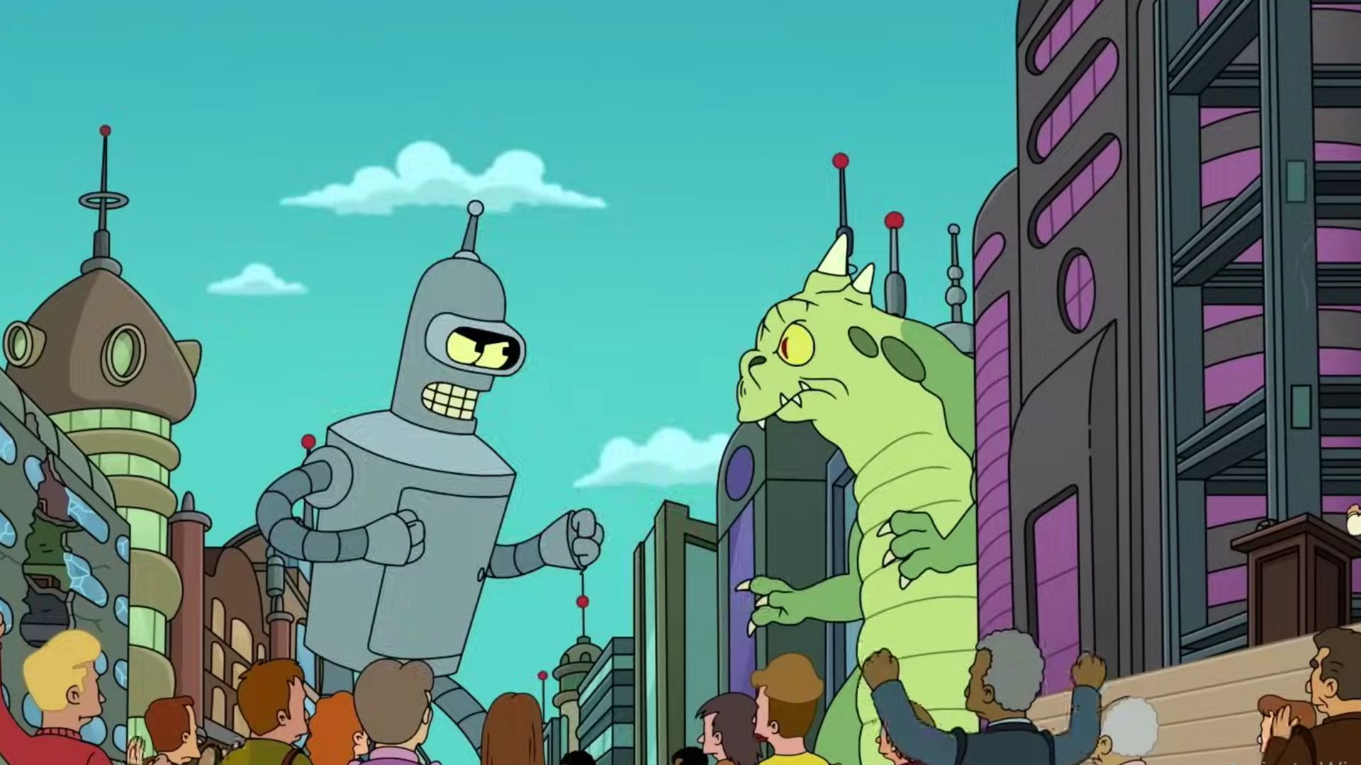 Big-sized Bender fighting a Kaiju (Screenshot from YouTube/@Hulu)