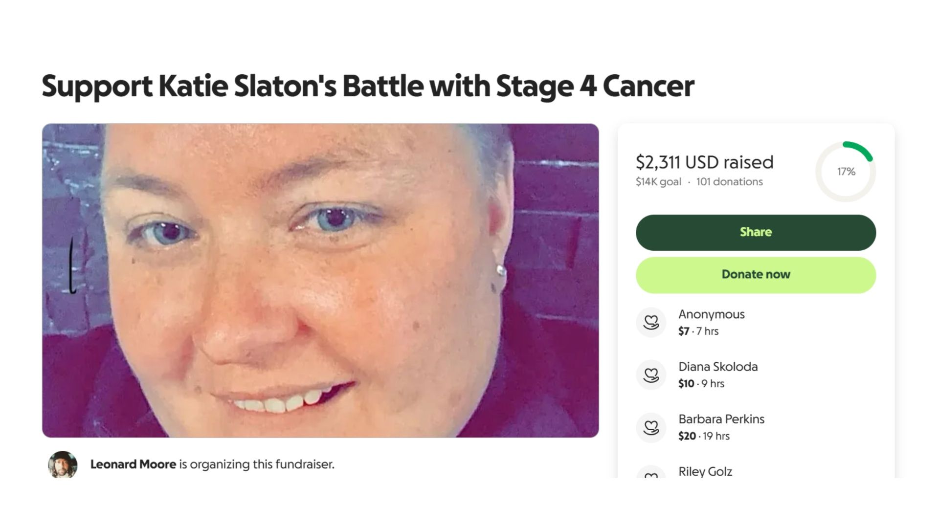 A glimpse of Katie Slaton&#039;s GoFundMe page, who recently passed away from cancer, aged 37. (Image via GoFundMe)