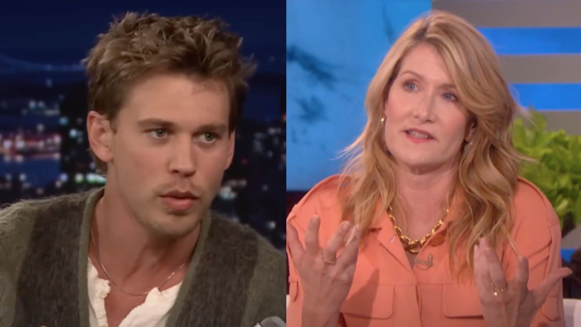 This is a collage of the images of Austin Butler (left) and Laura Dern (right)