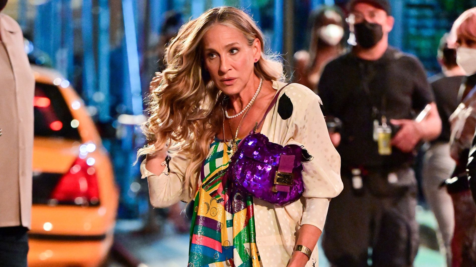 Carrie&#039;s iconic purple sequined Fendi baguette in And Just Like That | Image via Hotstar