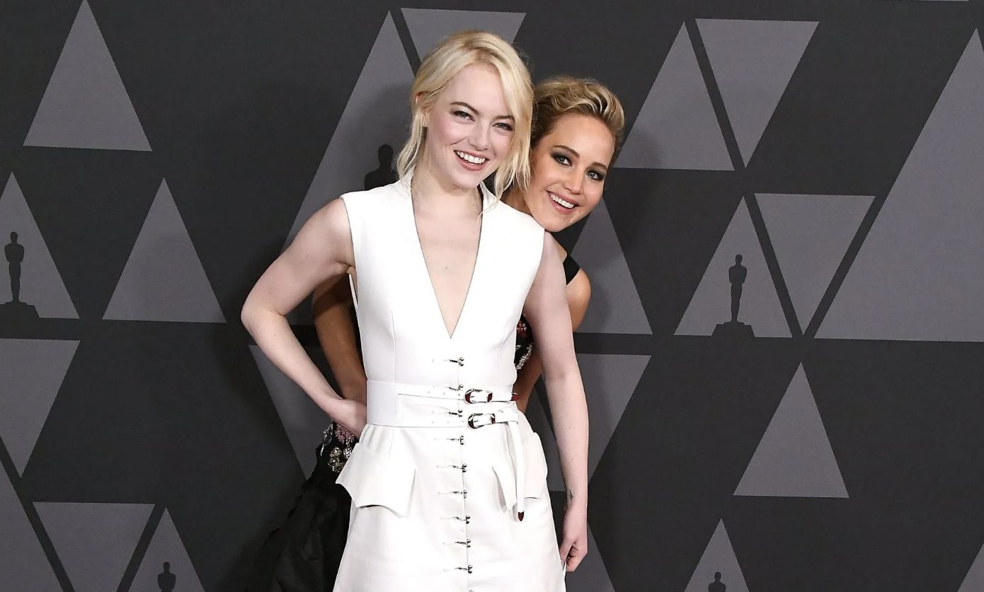 Emma Stone and Jennifer Lawrence at the Academy Of Motion Picture Arts And Sciences