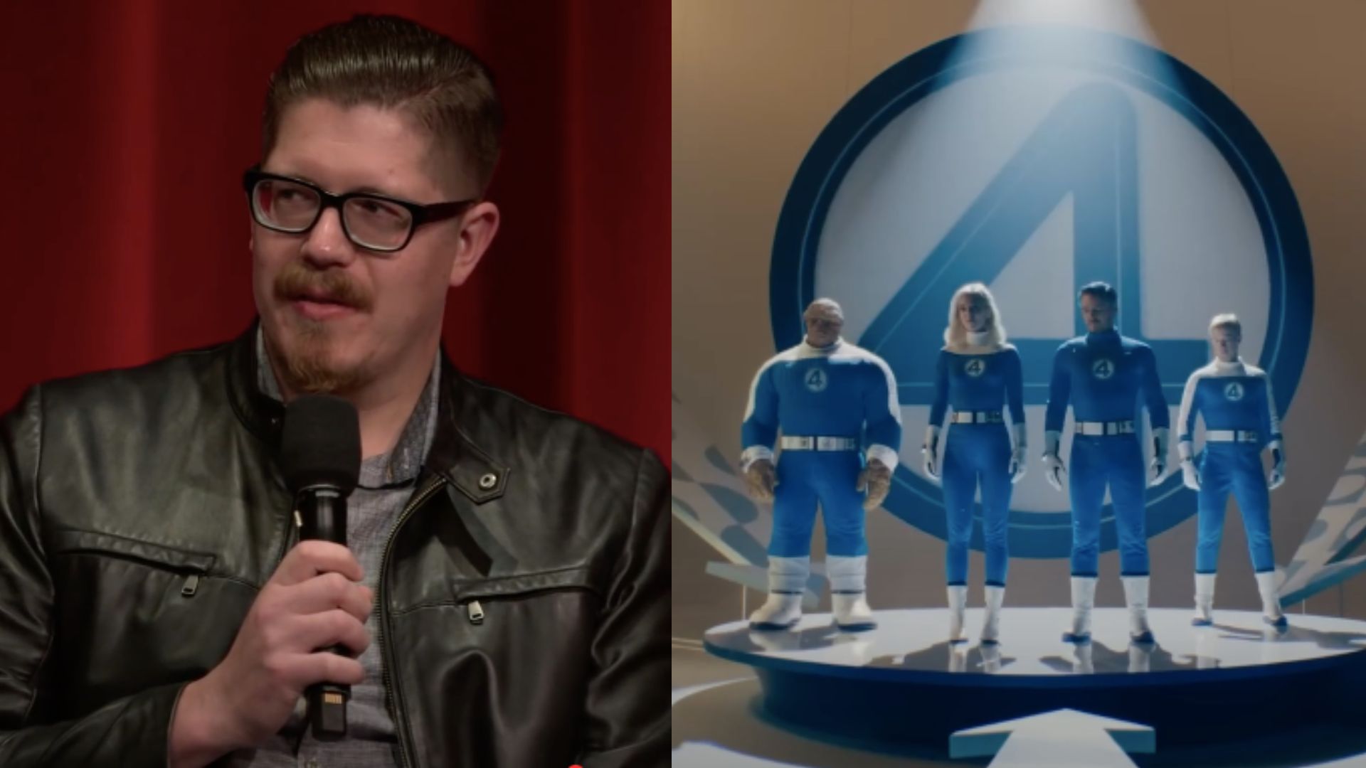 This is a collage of images of Eric Pearson (left) and The Fantastic Four squad on the right