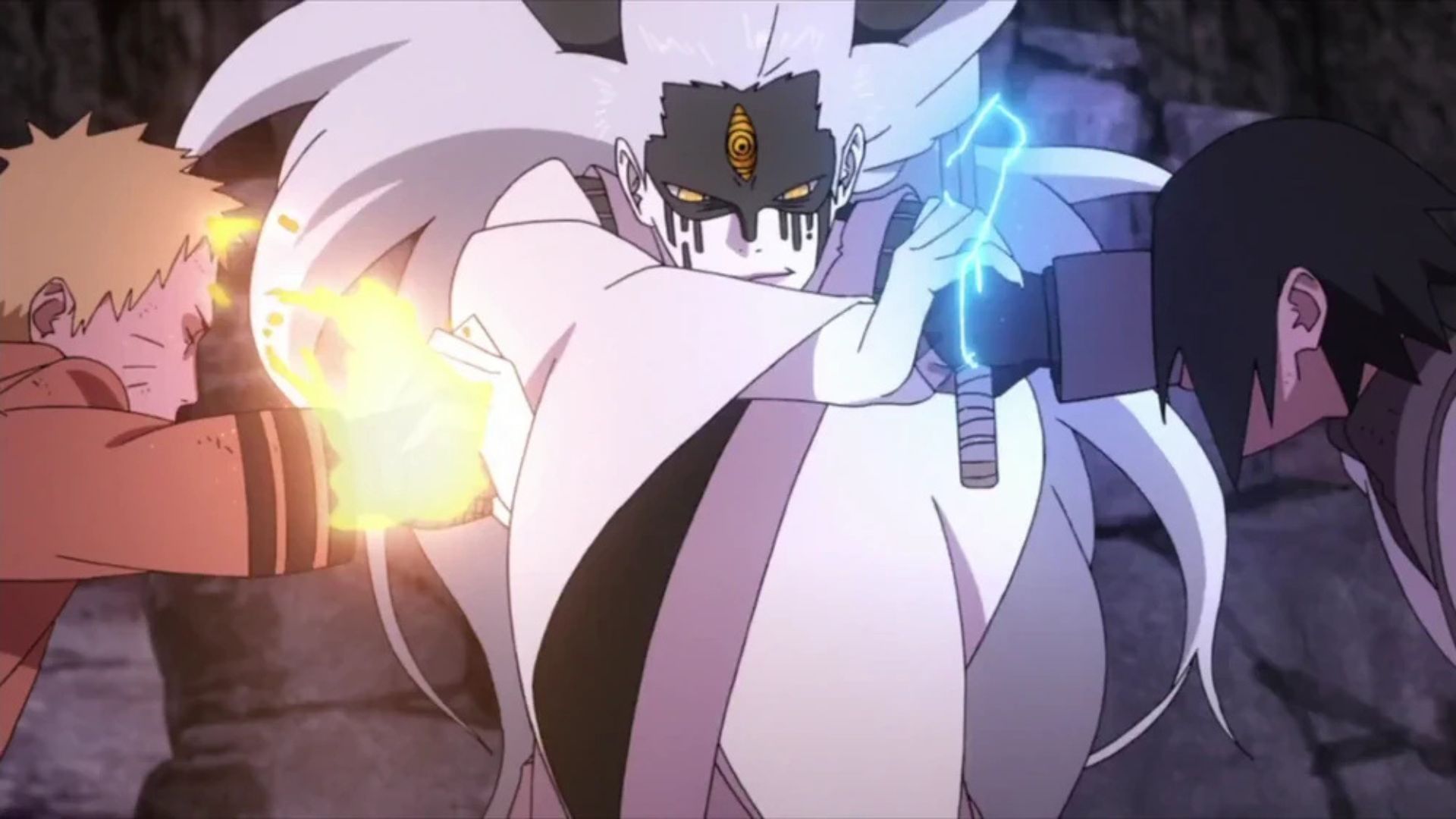 Momoshiki vs Naruto and Sasuke as seen in the anime 