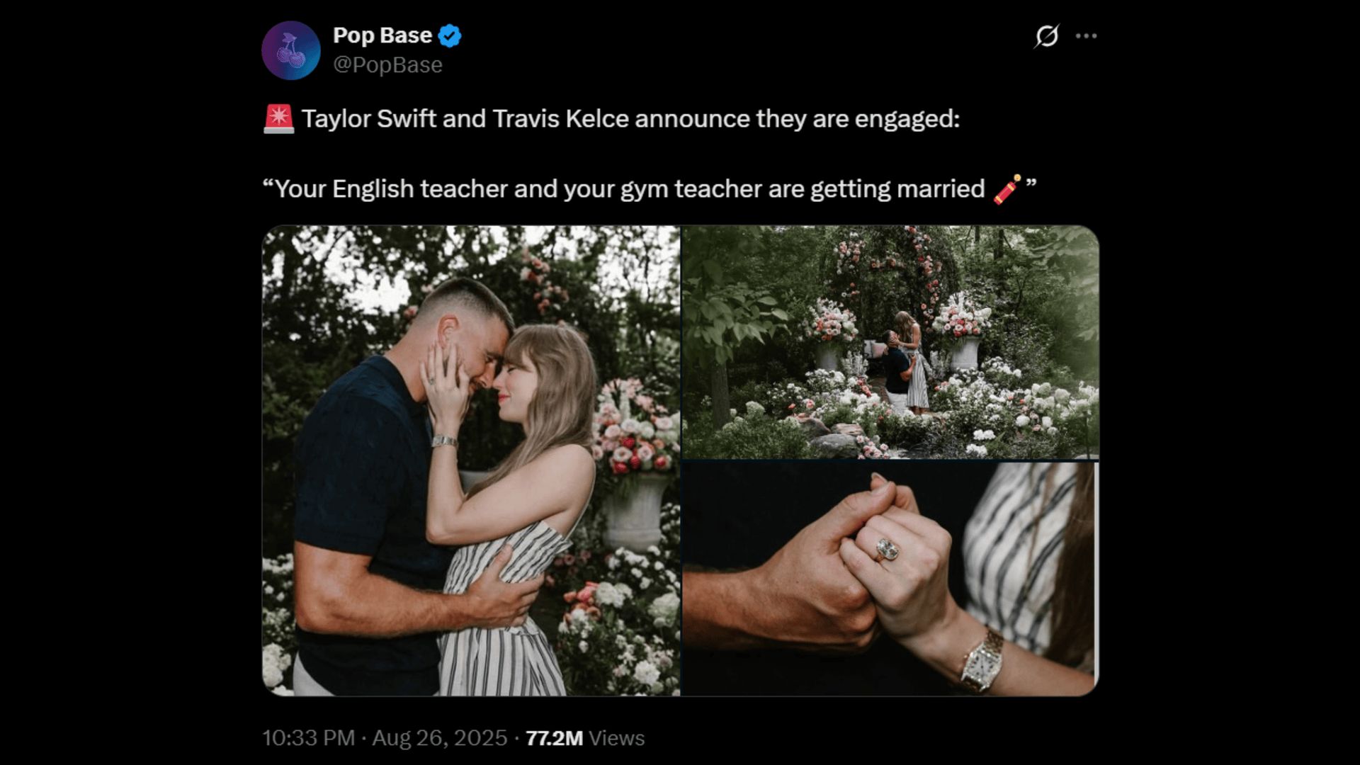 Taylor Swift and Travis Kelce are now engaged. (Image via X)
