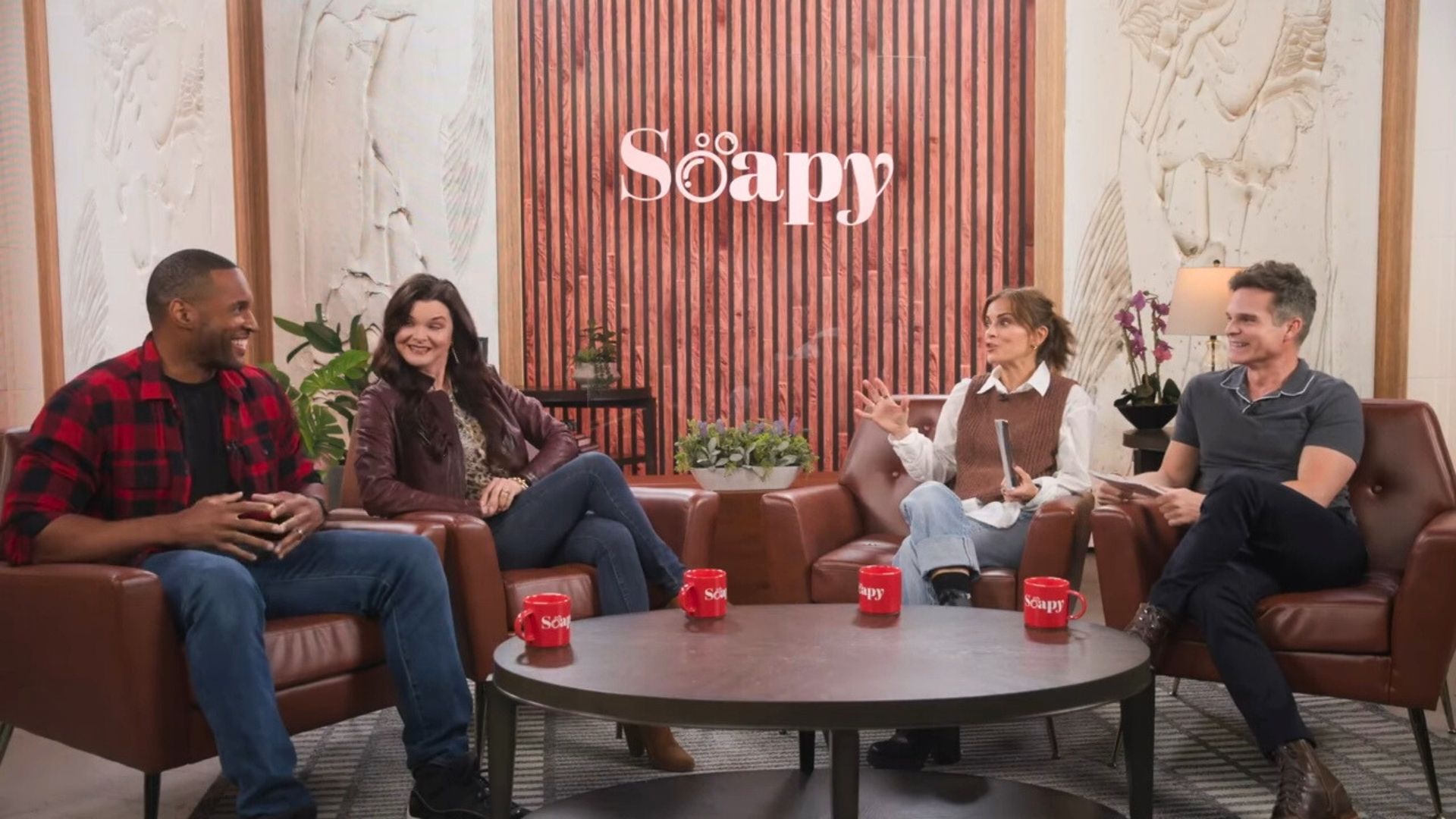 B&amp;B&#039;s Lawrence Saint-Victor and Heather Tom join Rebecca Budig and Greg Rikaart on Soapy | Image: CB 