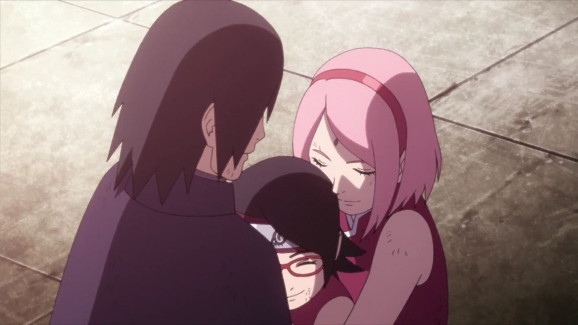 Sasuke, Sarada, and Sakura as seen in the anime 