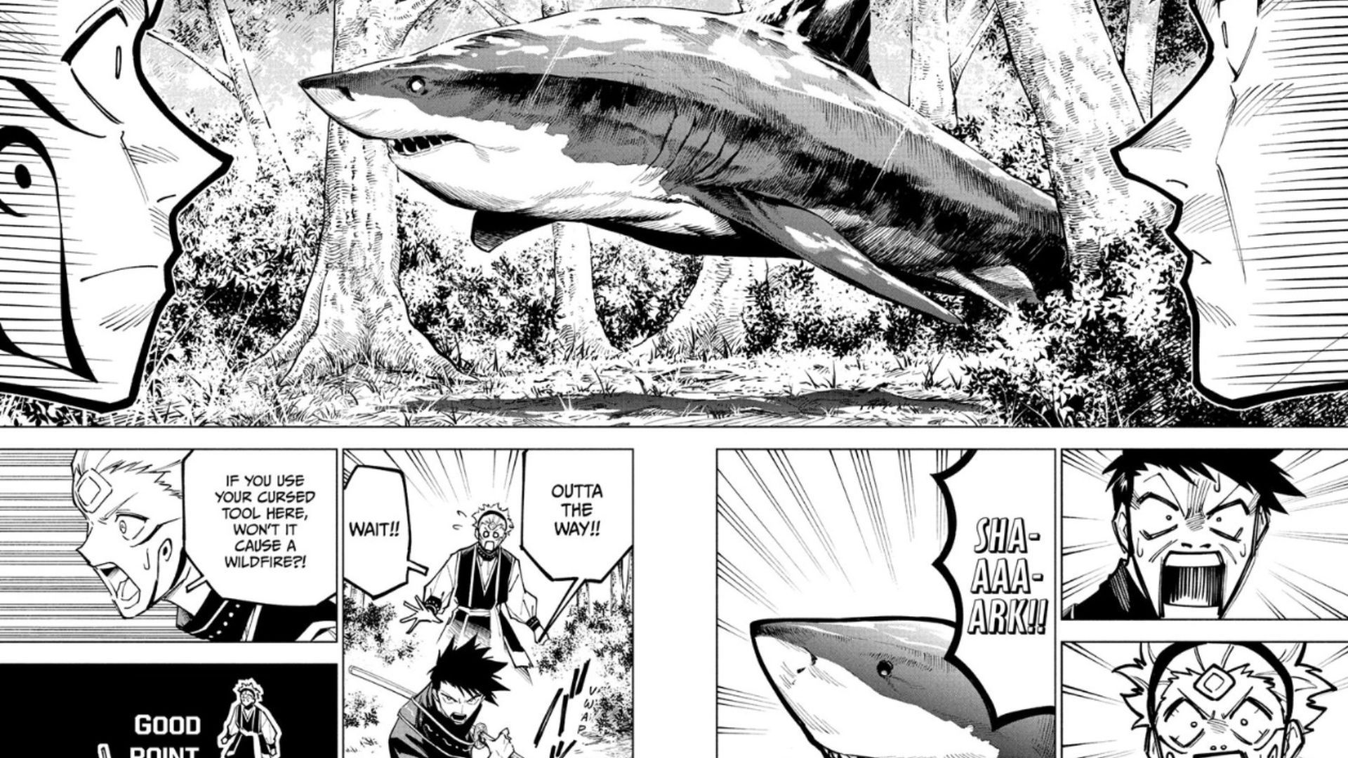 A shark appears in front of Maku and Tsurugi in chapter 3 (Image Source: VIZ)