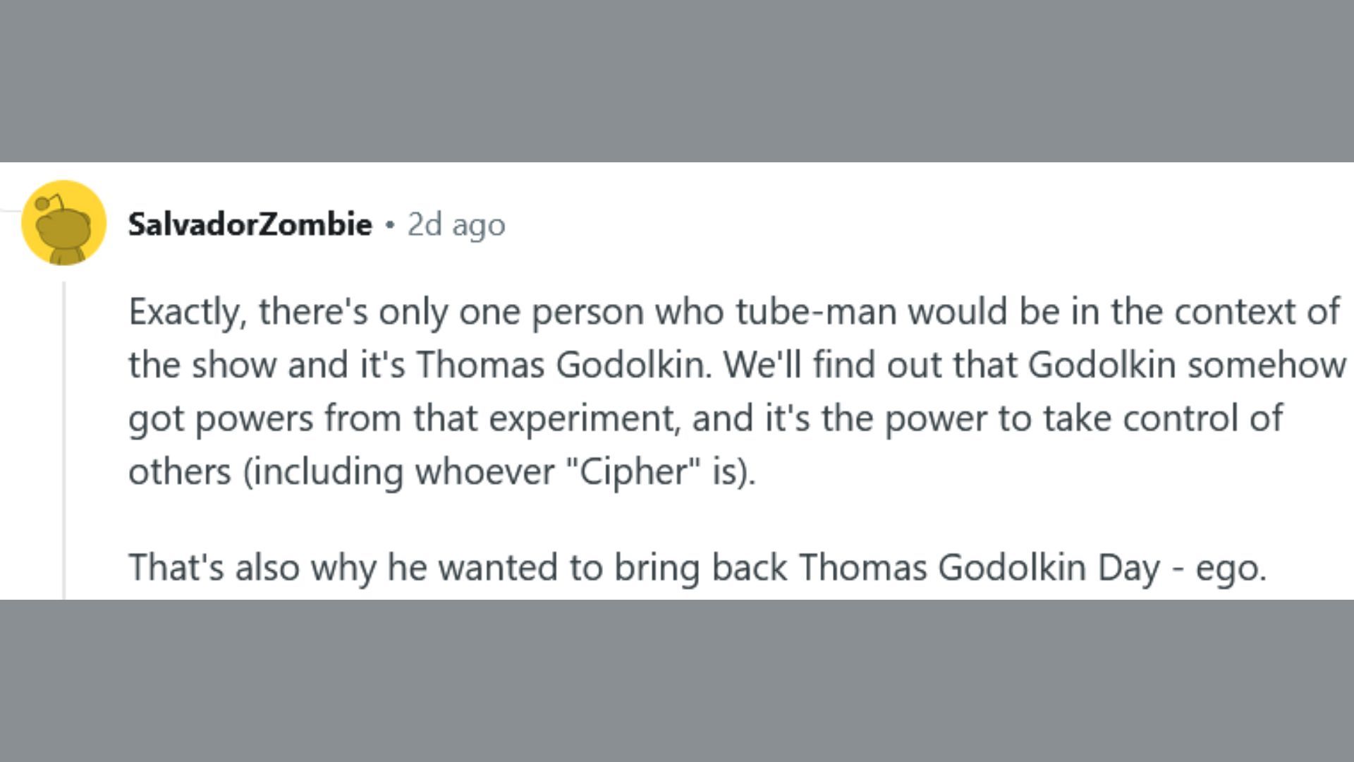 Reddit user SalvadorZombie theorizing on Gen V Season 2&#039;s Cipher