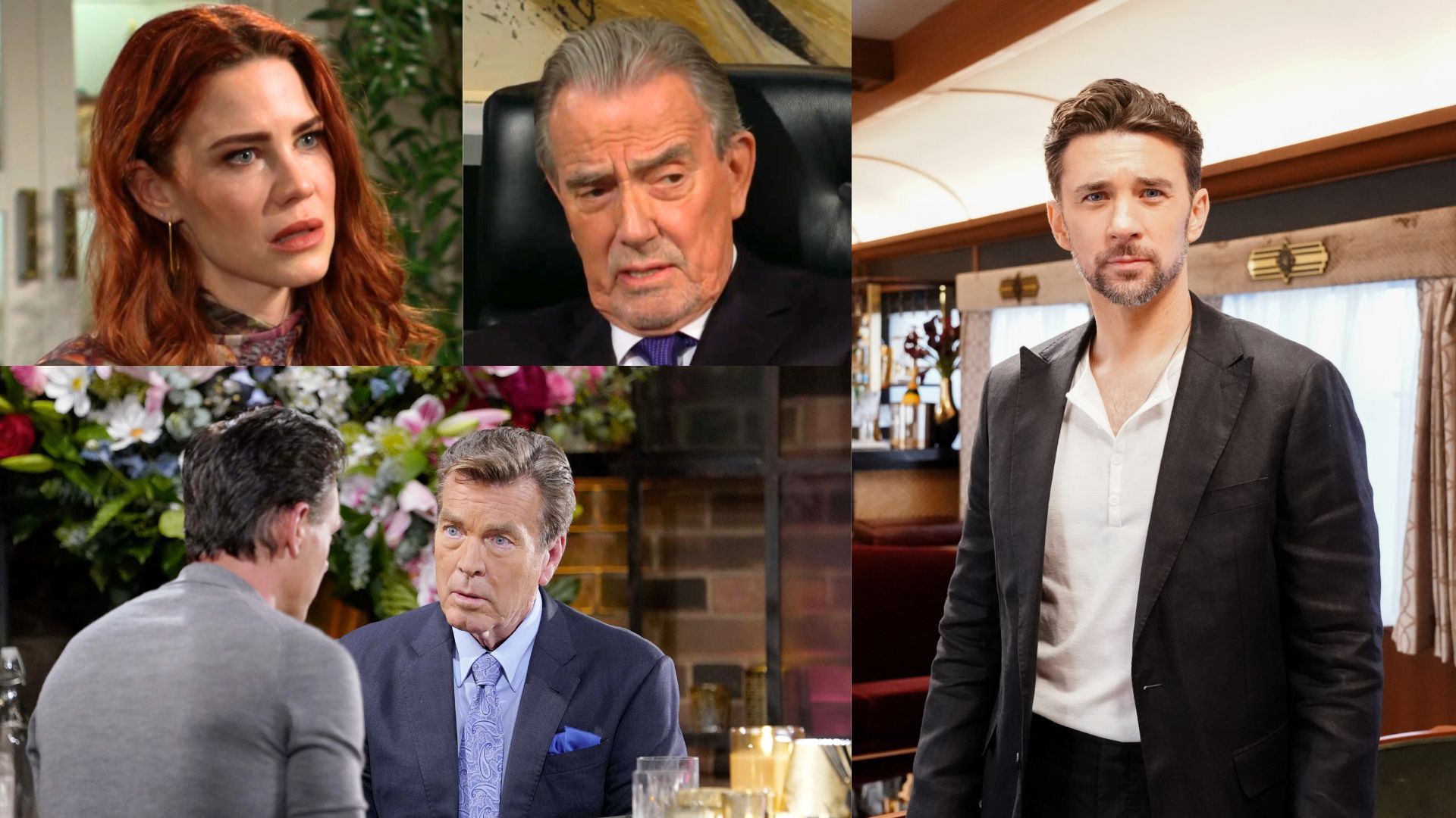 Sally (Courtney Hope), Victor (Eric Braeden), Jack (Peter Bergman), Billy (Jason Thompson) have new dynamics thanks to Cane (Billy Flynn) on The Young and the Restless | Image: JPI, CBS/Bill Inoshita