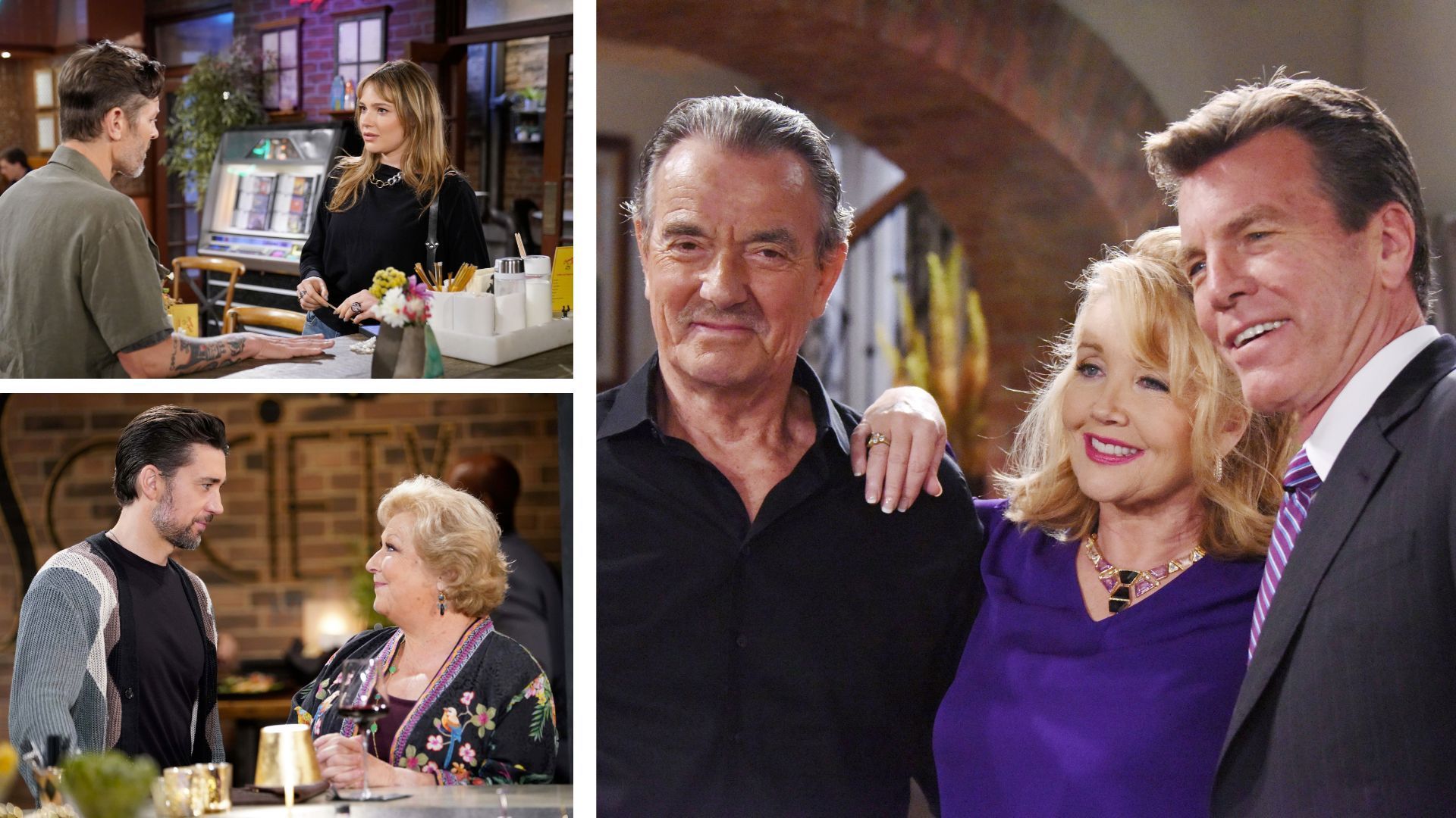 Jack (Peter Bergman), Nikki (Melody Thomas Scott) and Victor (Eric Braeden) play nice while Cane (Billy Flynn) and Traci (Beth Maitland) reunite, and Tessa (Cait Fairbanks) and Daniel (Michael Graziadei) grow closer on The Young and the Restless | Image: JPI