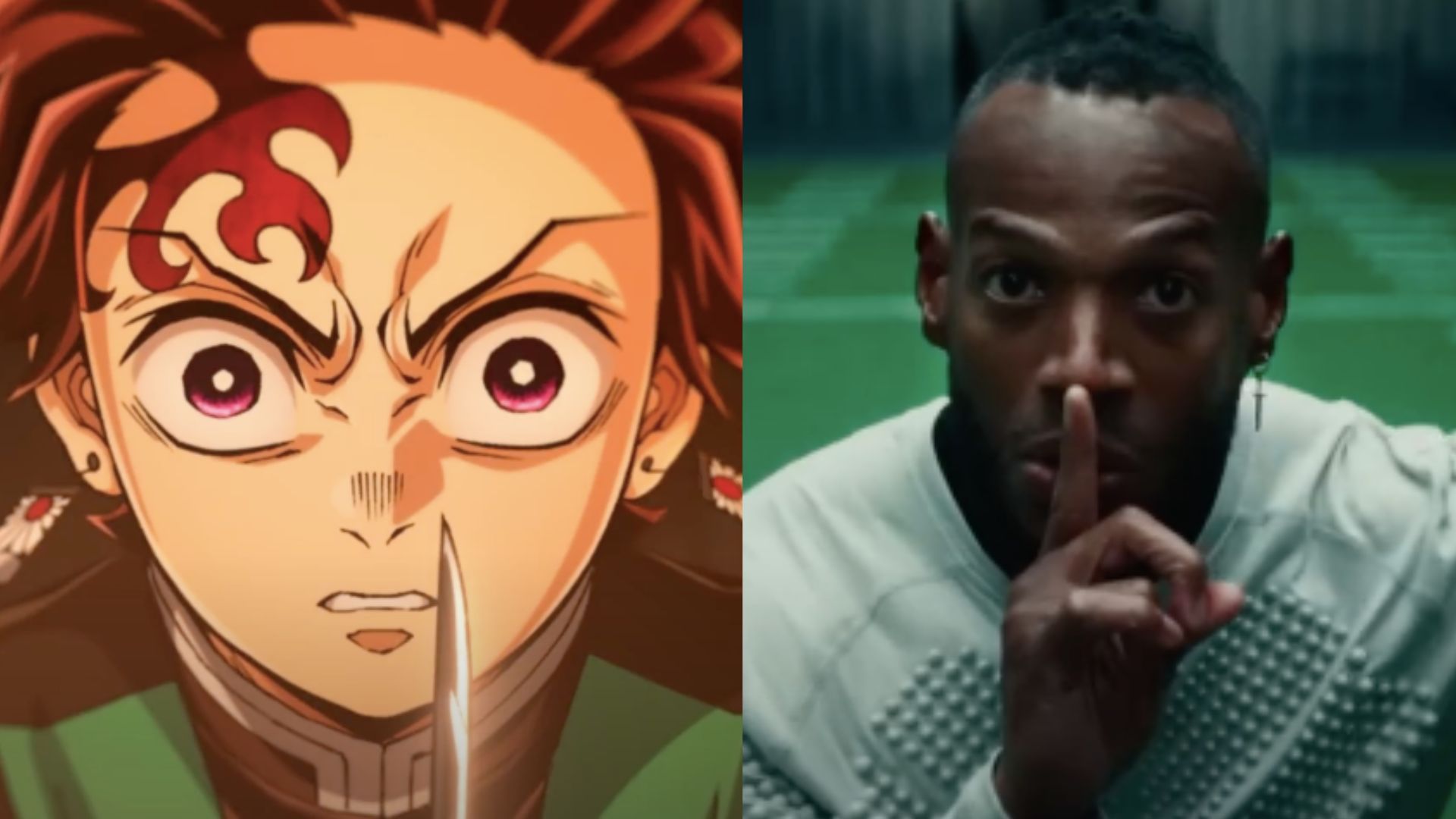 This is a collage of a still from Demon Slayer, featuring Tanjiro Kamado (left) and a still of HIM, featuring Marlon Wayans as Isaiah White