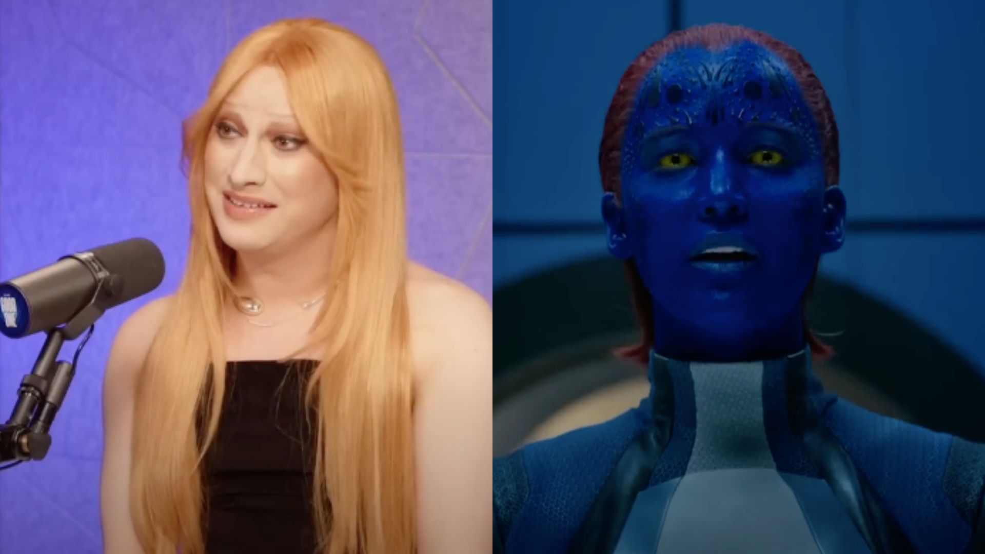 This is a collage of the images of Jinkx Monsoon (left) and Jennifer Lawrence as Mystique in X-Men: Apocalypse (right)