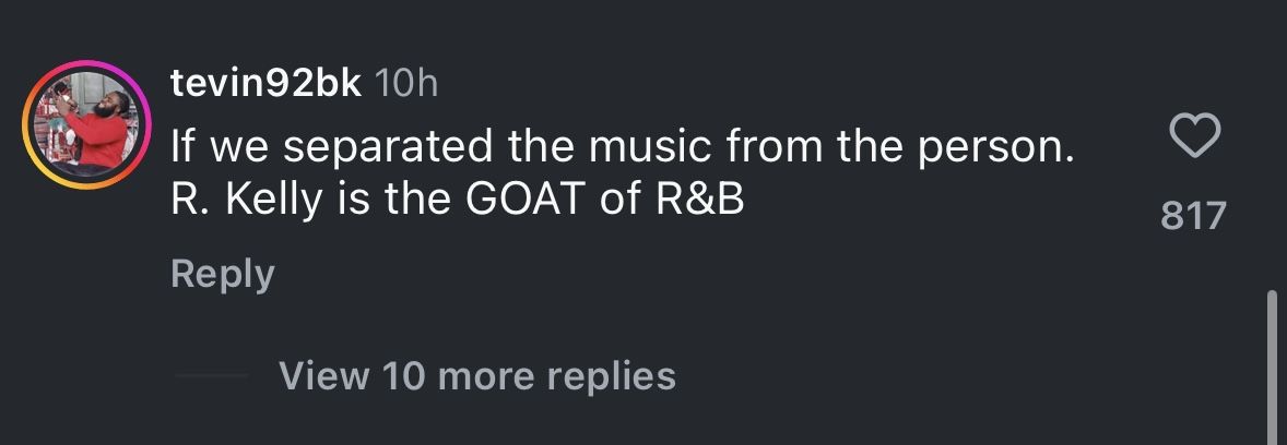 Comment of a user under The Shade Room&#039;s post about Tyrese calling the artist &ldquo;the King of R&amp;B.&quot; (Image via Instagram/@theshaderoom)