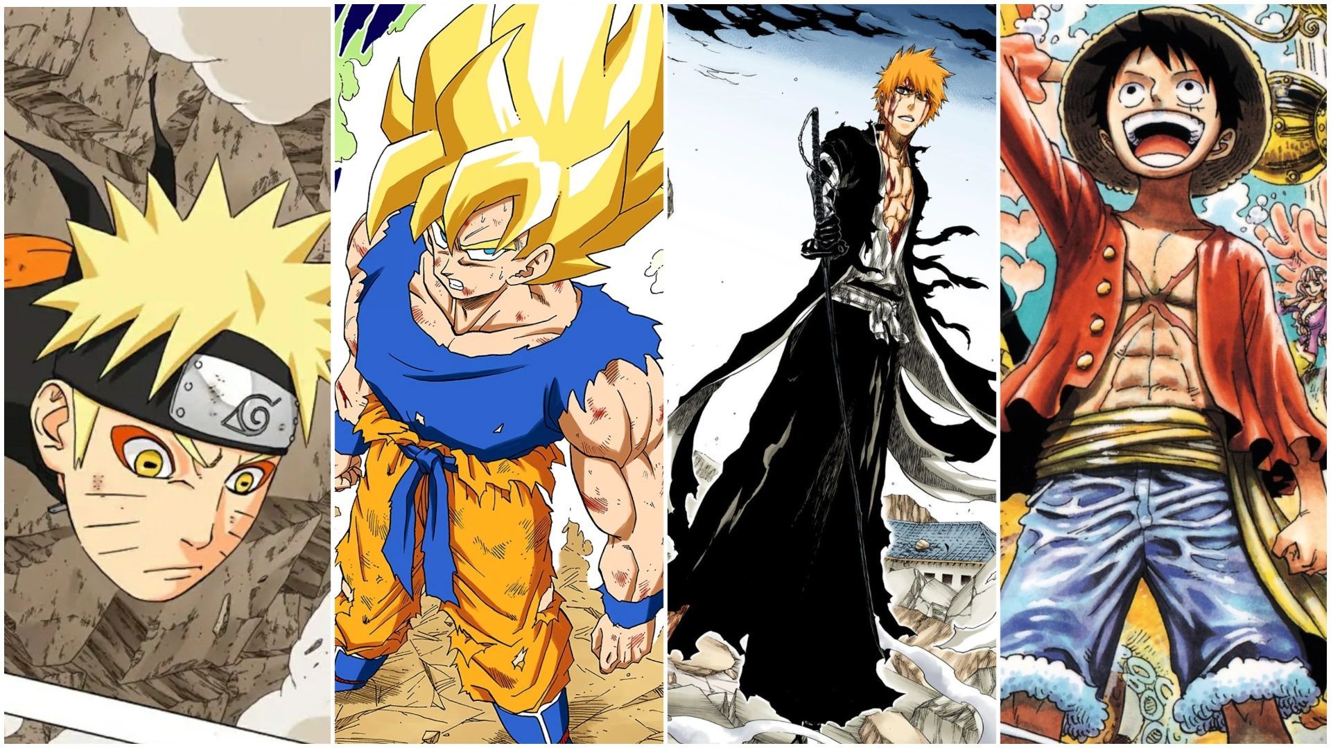 Naruto, Goku, Ichigo, and Luffy, as seen in their manga