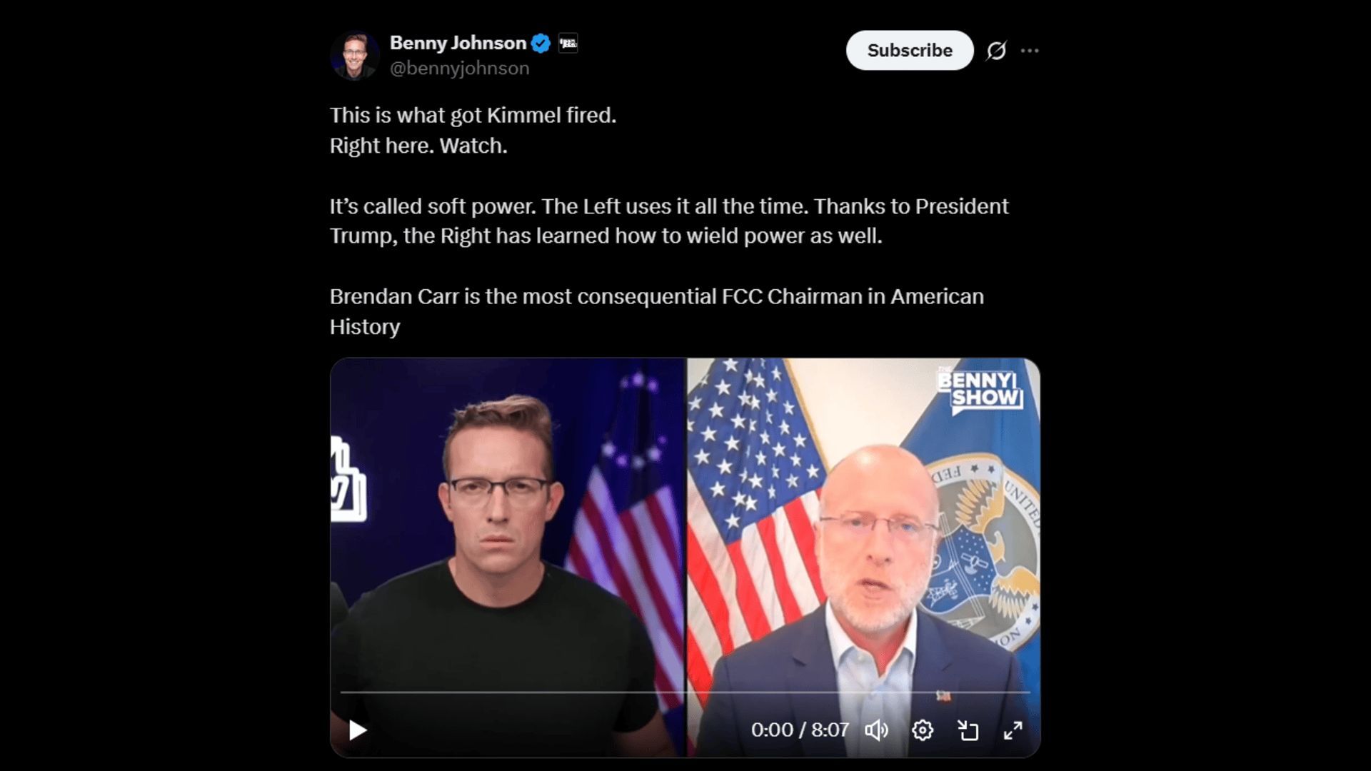 Benny Johnson discussed Jimmy Kimmel with Brendan Carr. (Image via X/bennyjohnson)