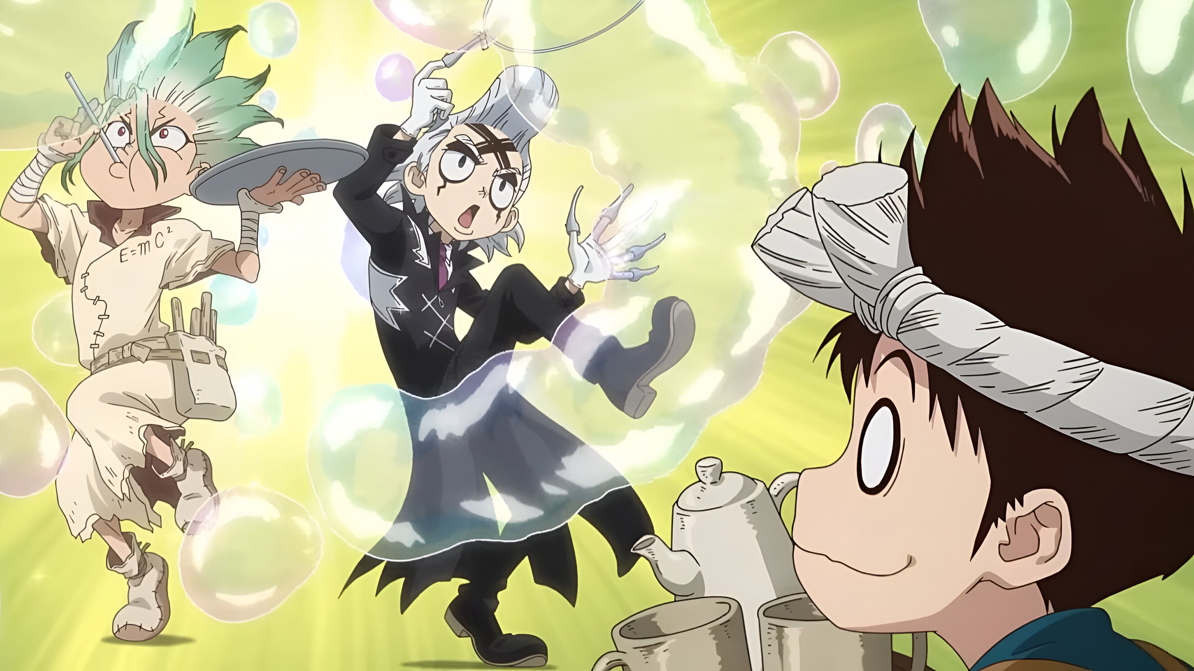 Senku, Chrome, and Dr. Xeno as seen in Dr. Stone Science Future