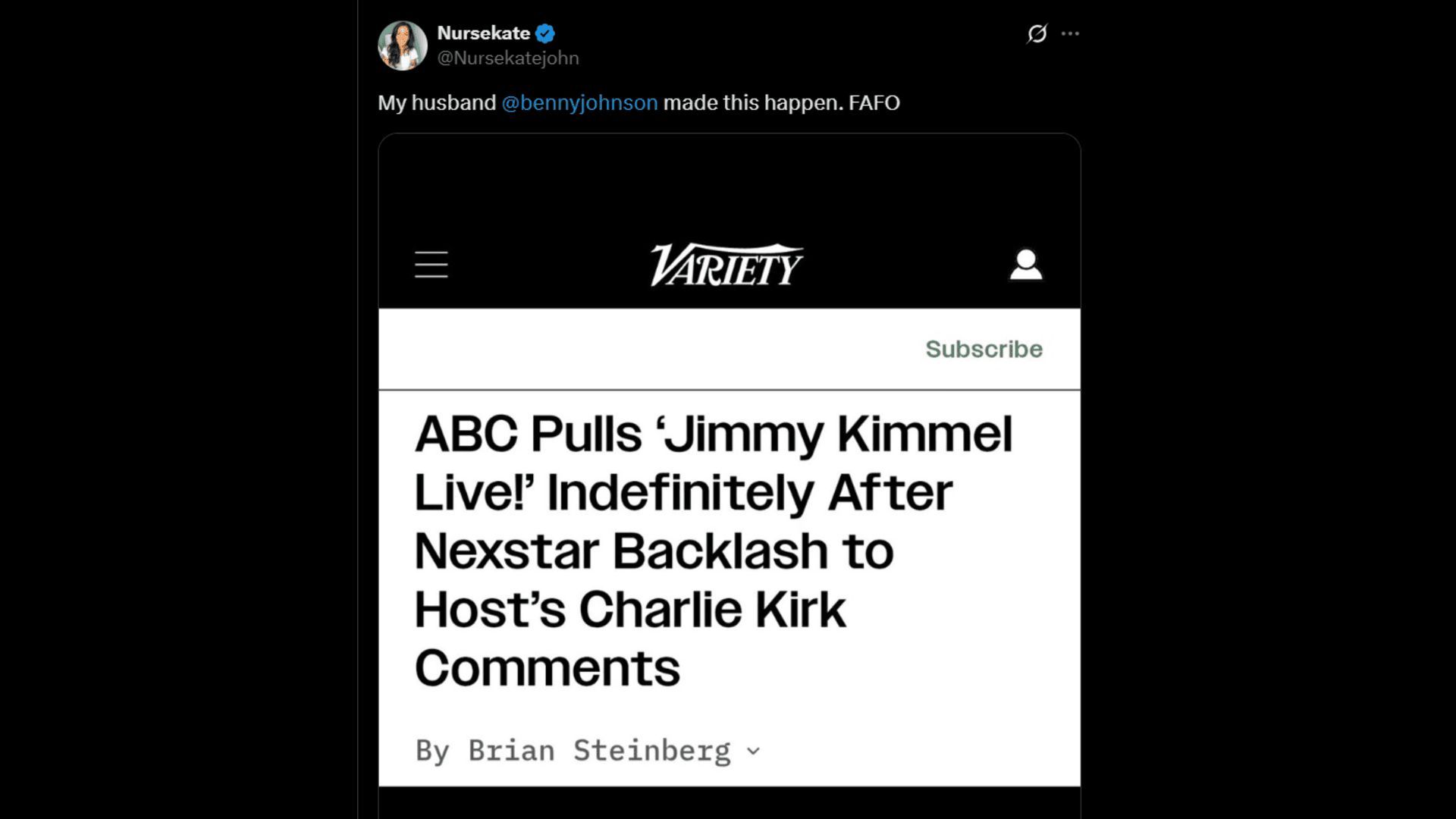 Benny Johnson&#039;s wife claims her husband led to Jimmy Kimmel&#039;s suspension. (Image via X)