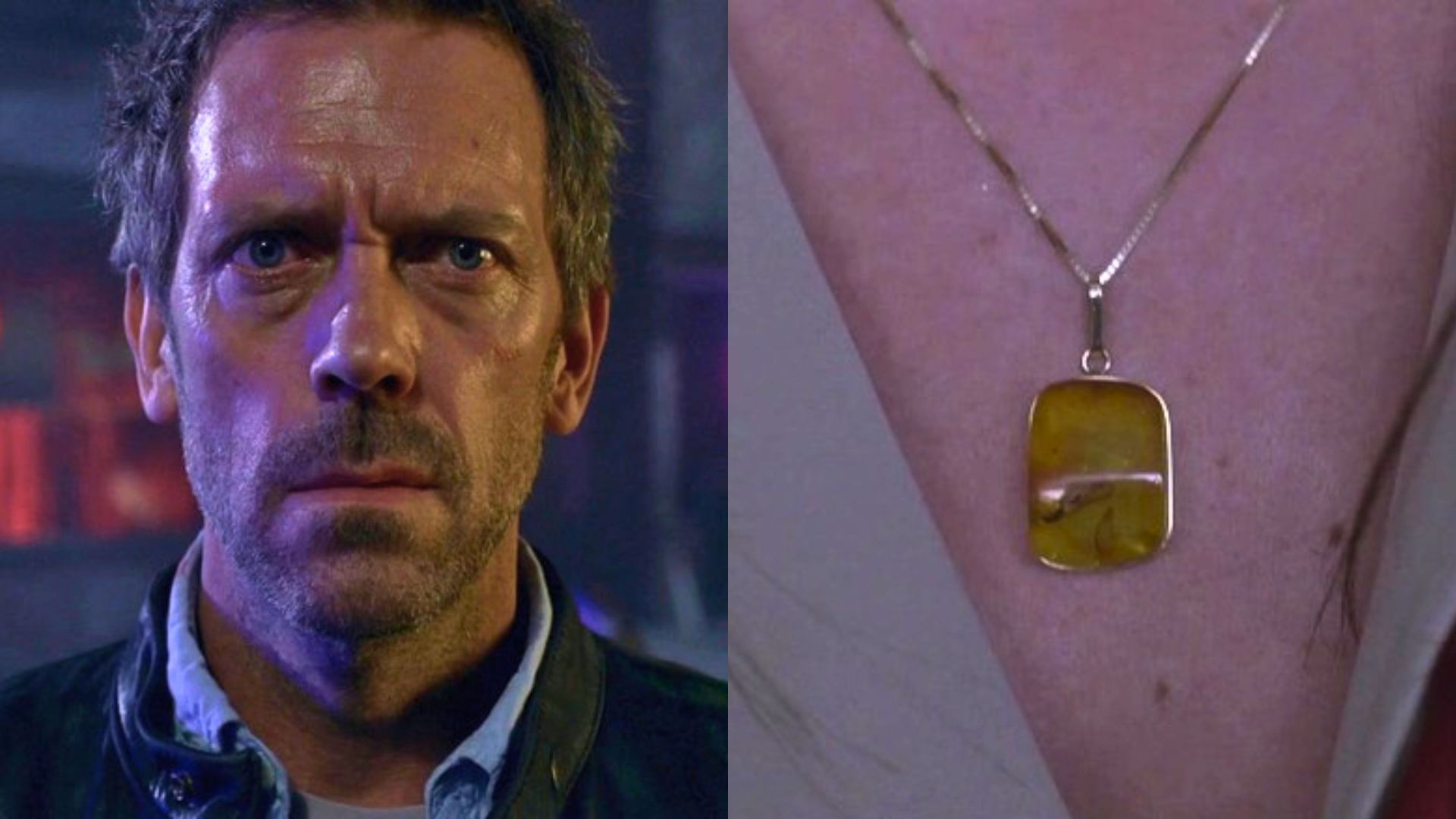 Hugh Laurie as Gregory House in House M.D., haunted by the Amber necklace in the episode &ldquo;House&rsquo;s Head.&rdquo; (Image via Netflix)