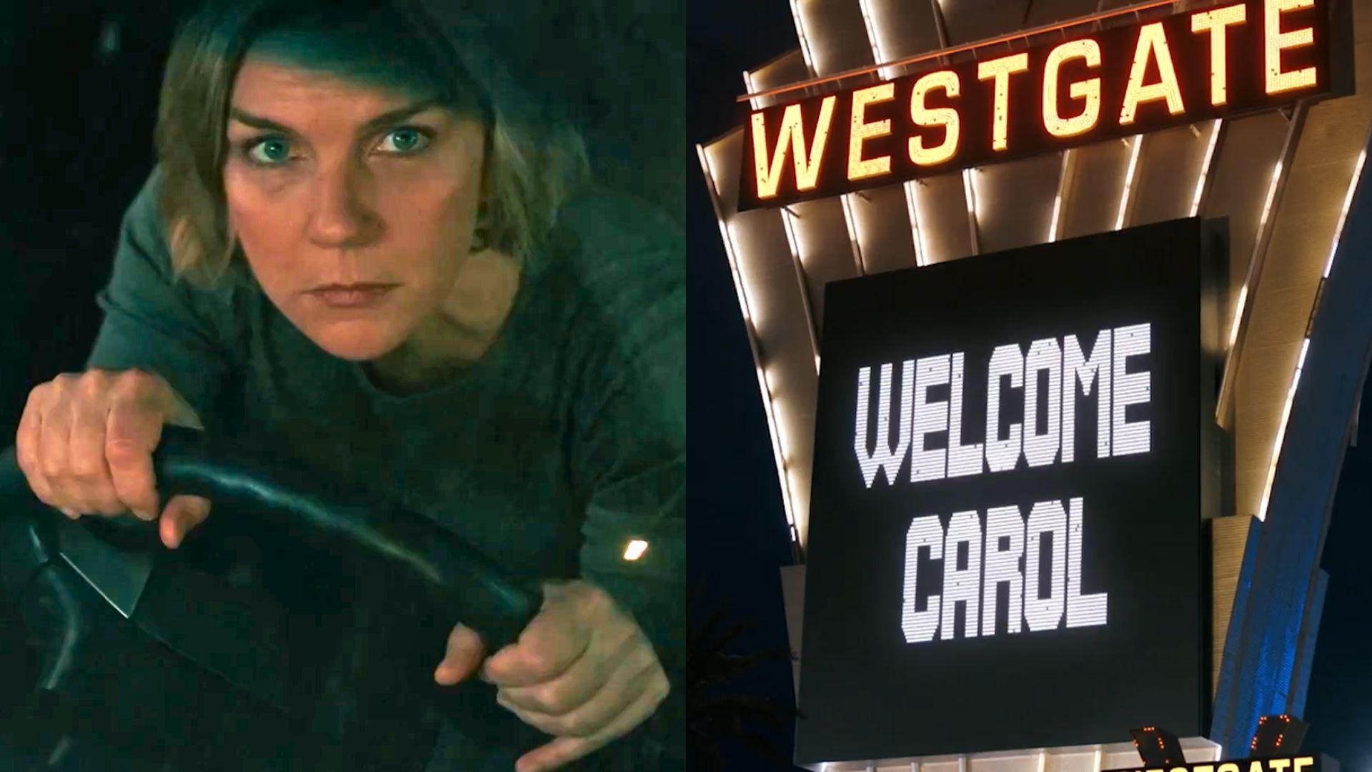 Carol Sturka (Rhea Seehorn) confronted by a glowing &ldquo;Welcome, Carol&rdquo; sign in Pluribus teaser (Image via X/@AppleTV)