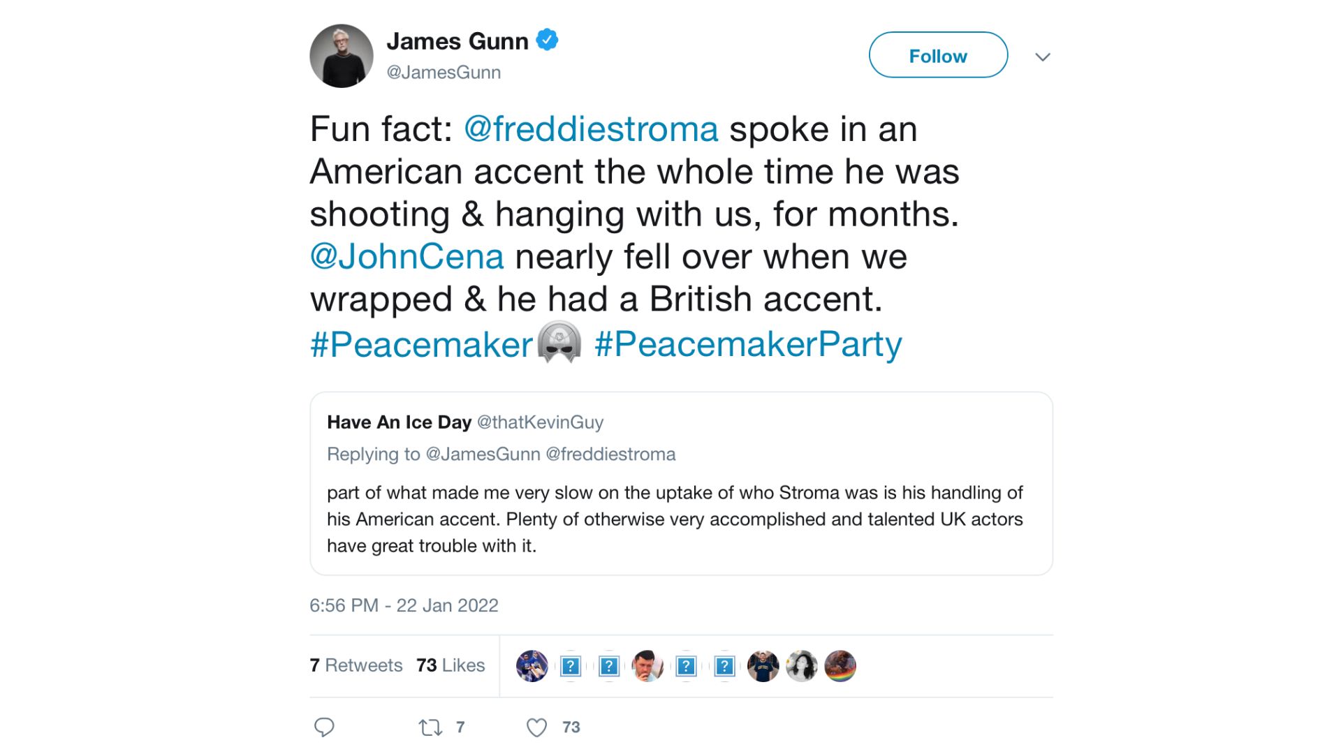 James Gunn tweets about Freddie Stroma&#039;s accent (Imaage via web.archive.org)