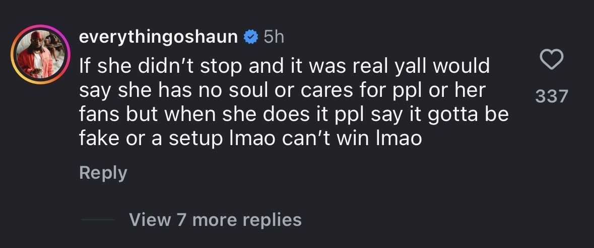 The comment section under The Shade Room&#039;s post, where the South African singer stopped mid-performance to check up on a fan. (Image via Instagram/@theshaderoom.)