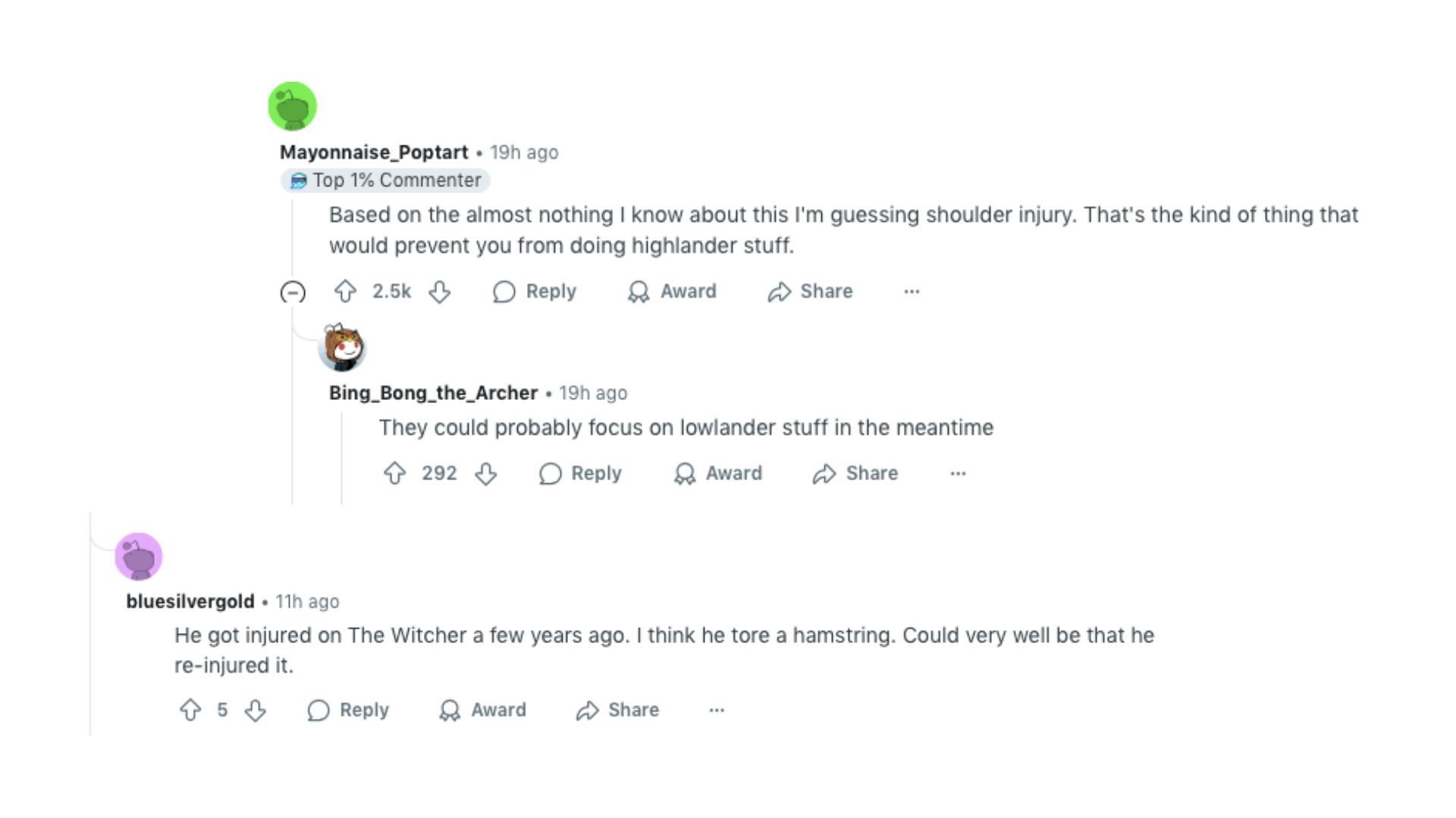 A compilation of Reddit comments about Henry Cavill&#039;s injury in Highlander | Image via Reddit: r/entertainment and r/movies