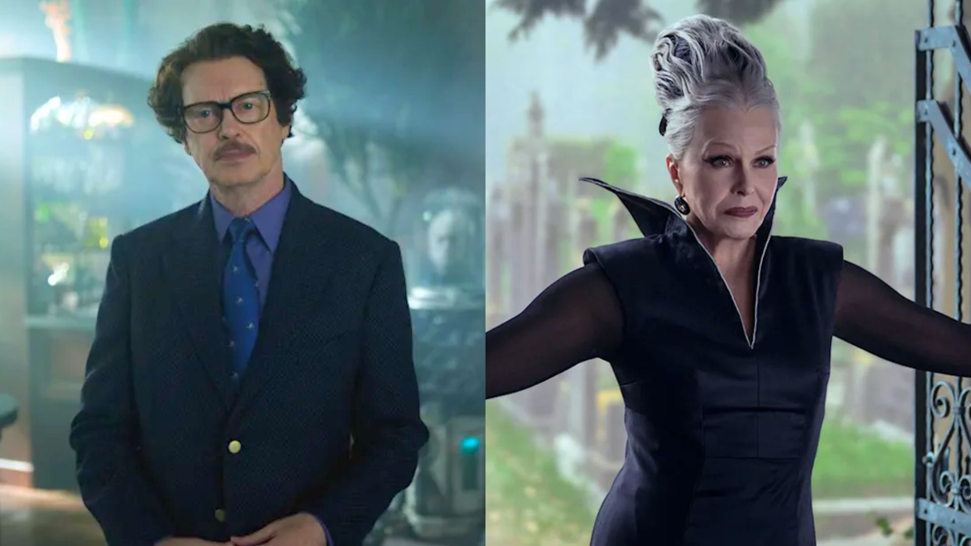 Principal Dort and Grandmama Hester Frump on Wednesday Season 2, where the &ldquo;Frump Tower&rdquo; gag sparked political satire chatter. (Images via Netflix)