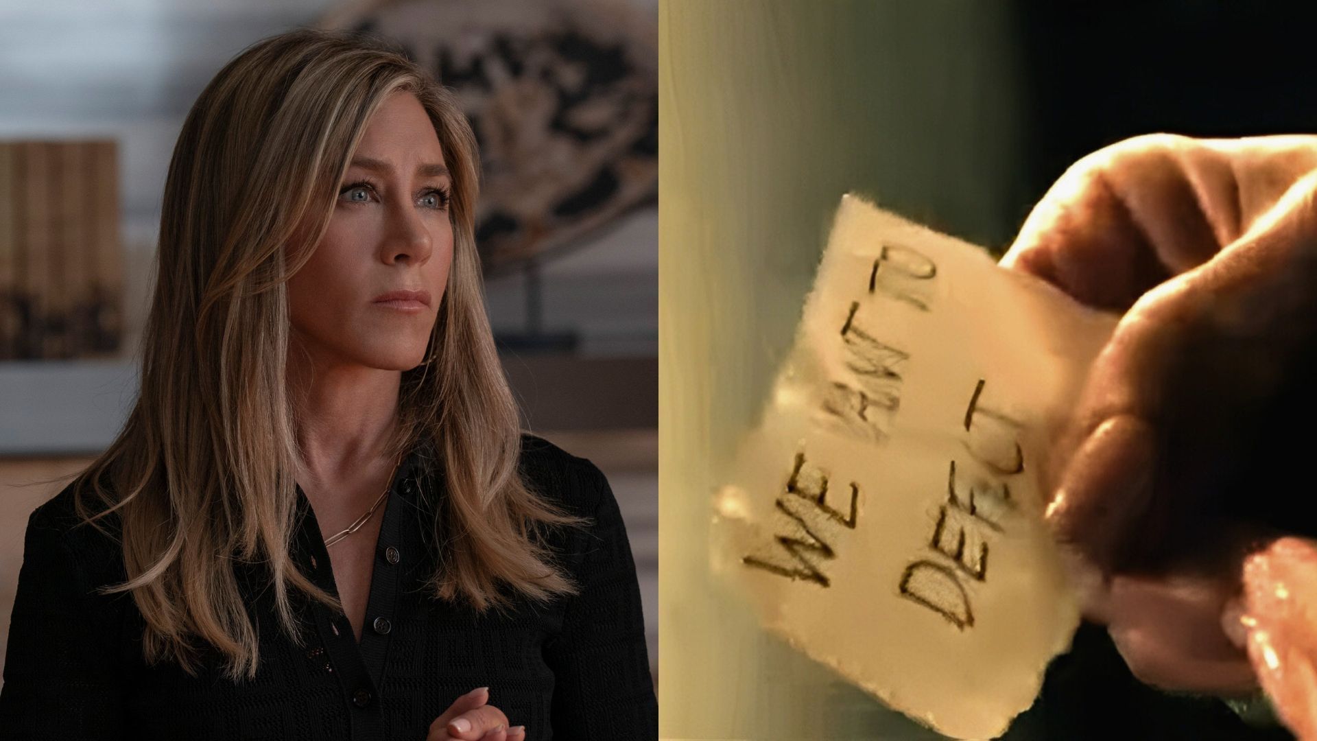 Jennifer Aniston&rsquo;s Alex Levy receives the note &ldquo;We want to defect&rdquo; in The Morning Show Season 4 premiere. (Image via Apple TV+)