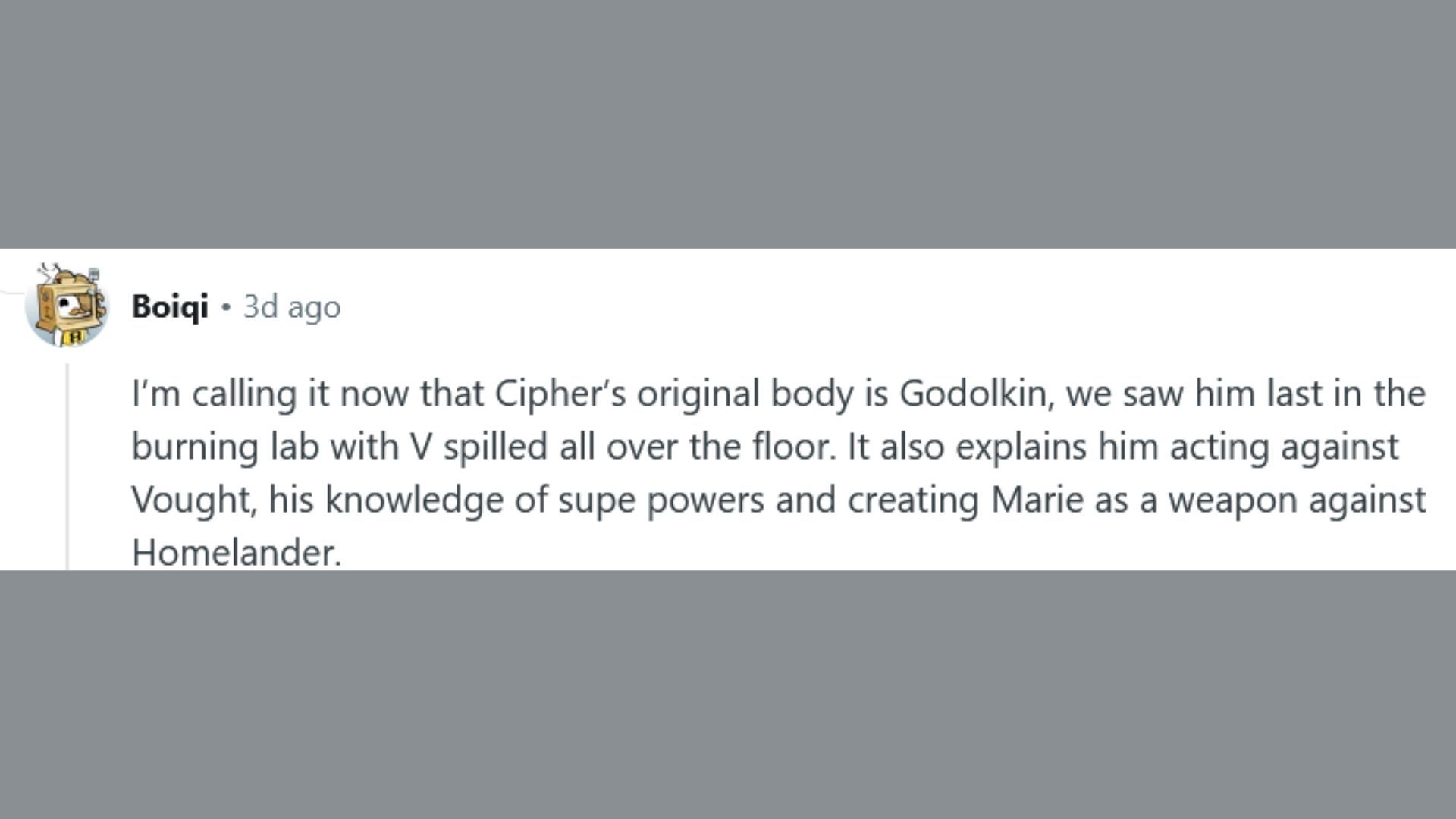 Reddit user Boiqi theorizing on Gen V Season 2&#039;s Cipher