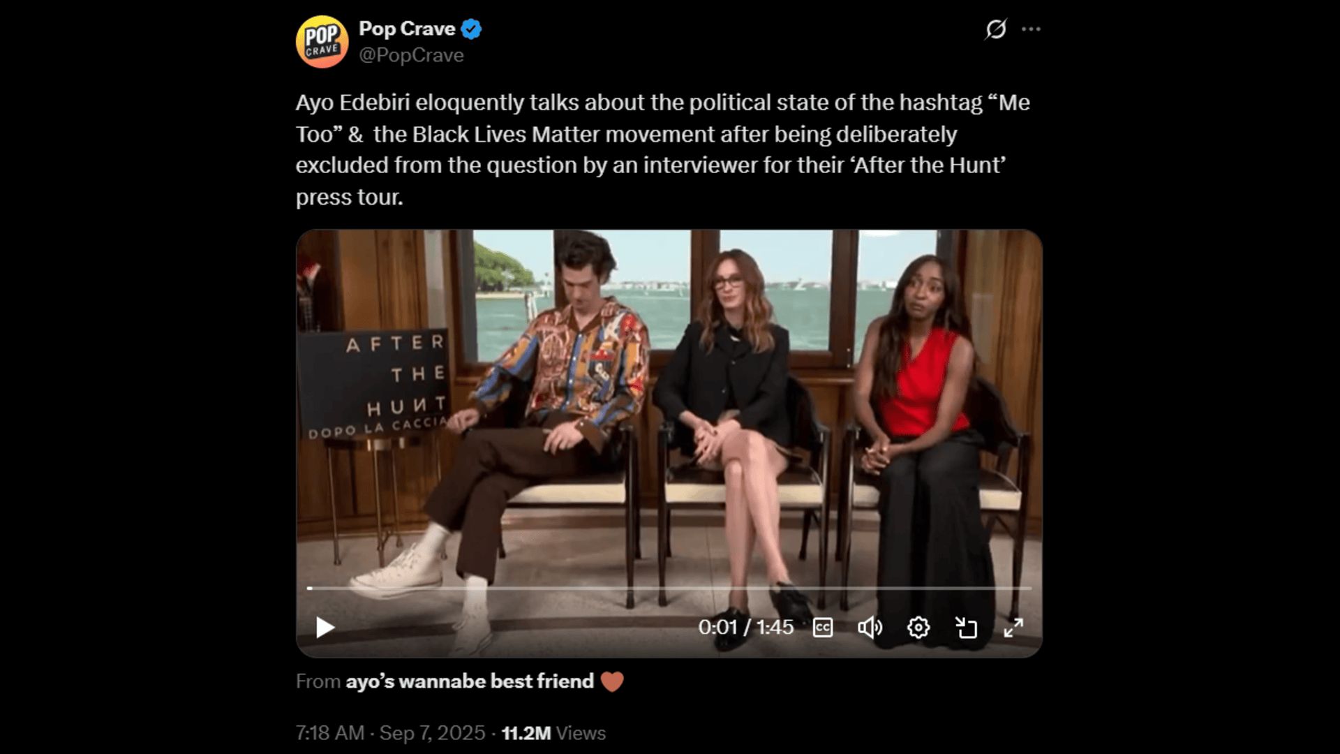 Ayo Edebiri responds to Federica Polidoro&#039;s questions. (Image via X)