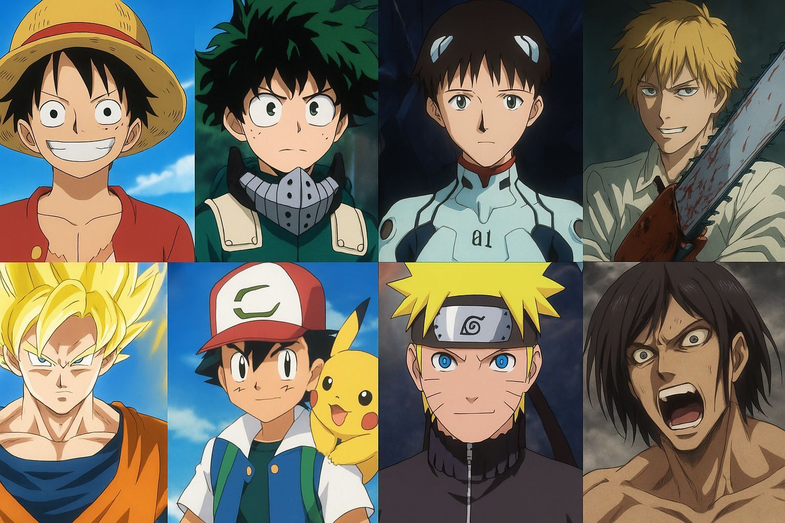 Luffy, Deku, Shinji, Denji, Goku, Ash, Naruto, and Eren Yeager