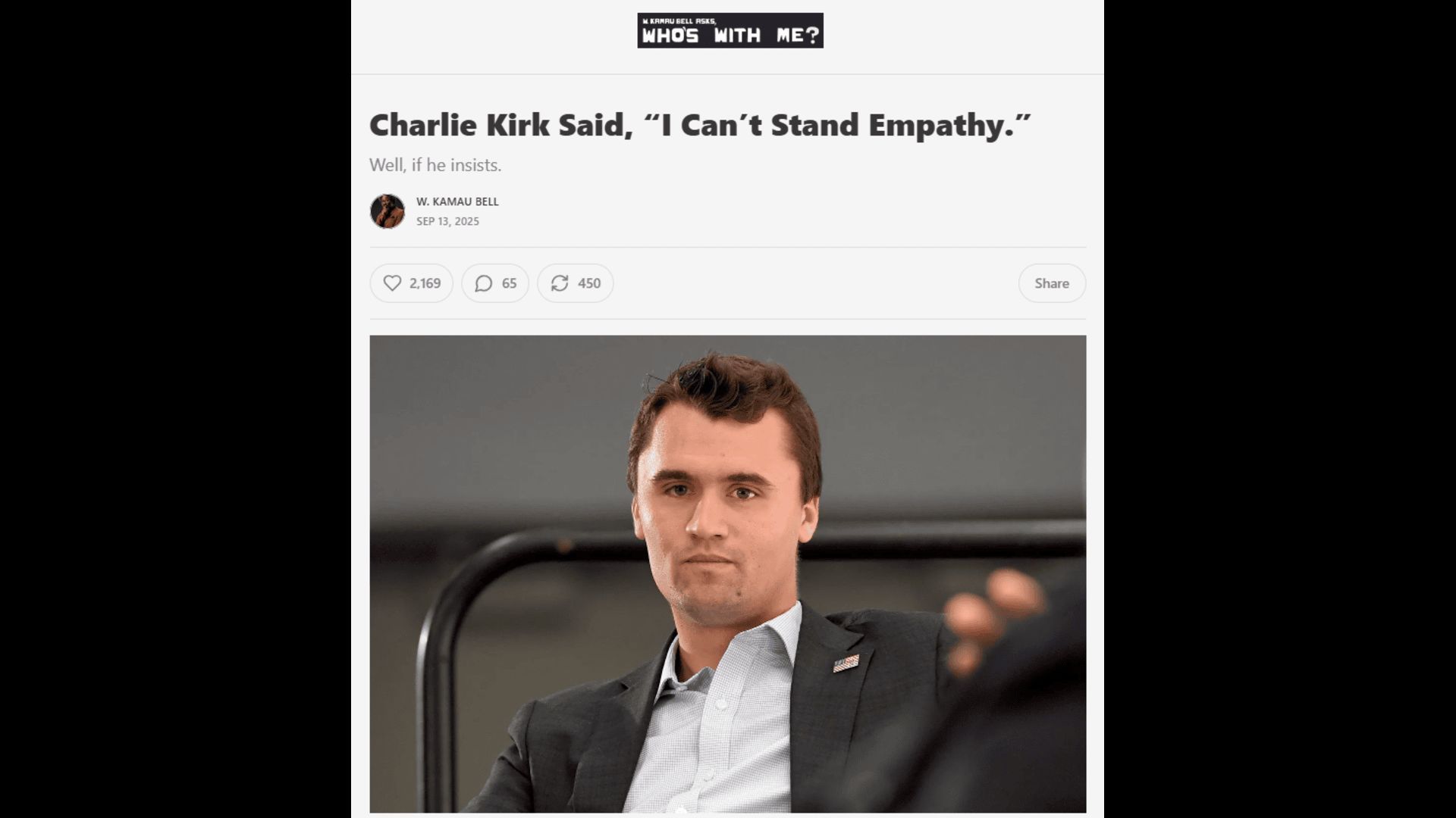 A glimpse of the W Kamau Bell essay on Charlie Kirk. (Image via Substack)