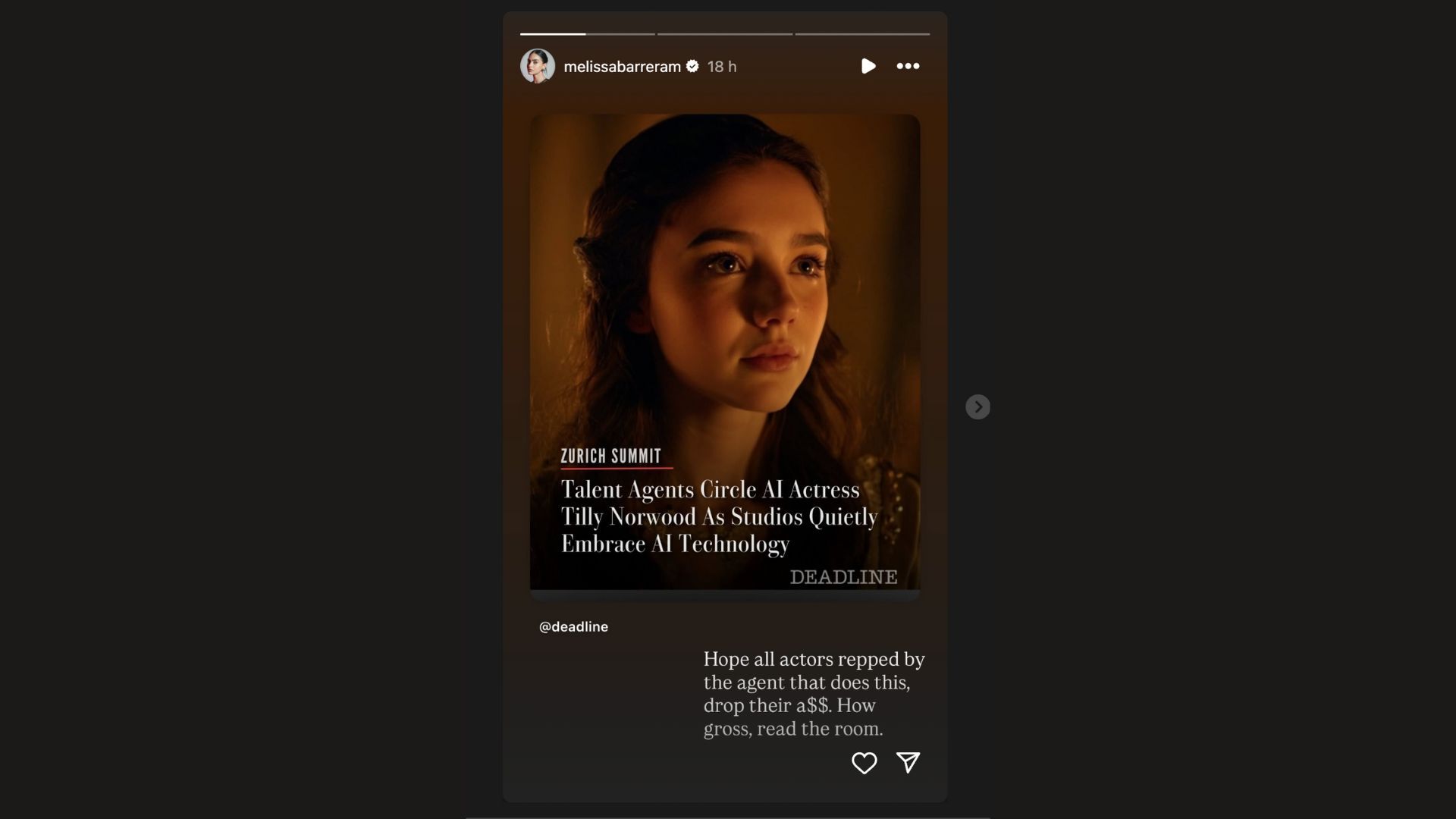 Melissa Barrera, objects AI actress, Tilly Norwood (Screenshot via Instagram)