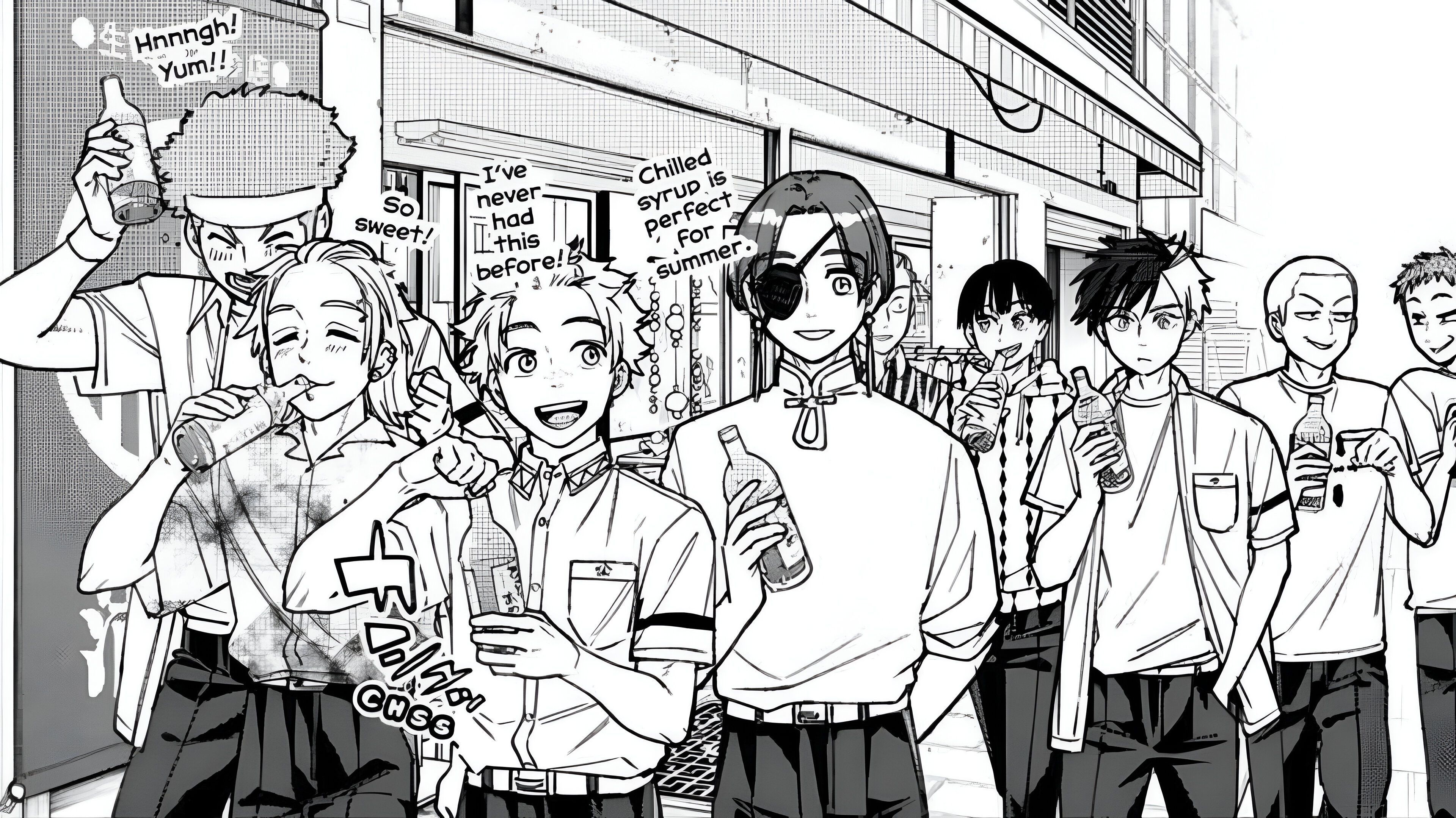 Sakura and his friends as seen chilling around the town 