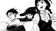 Daemon grabs Sarada and Sumire's neck from behind (Image Source: VIZ)