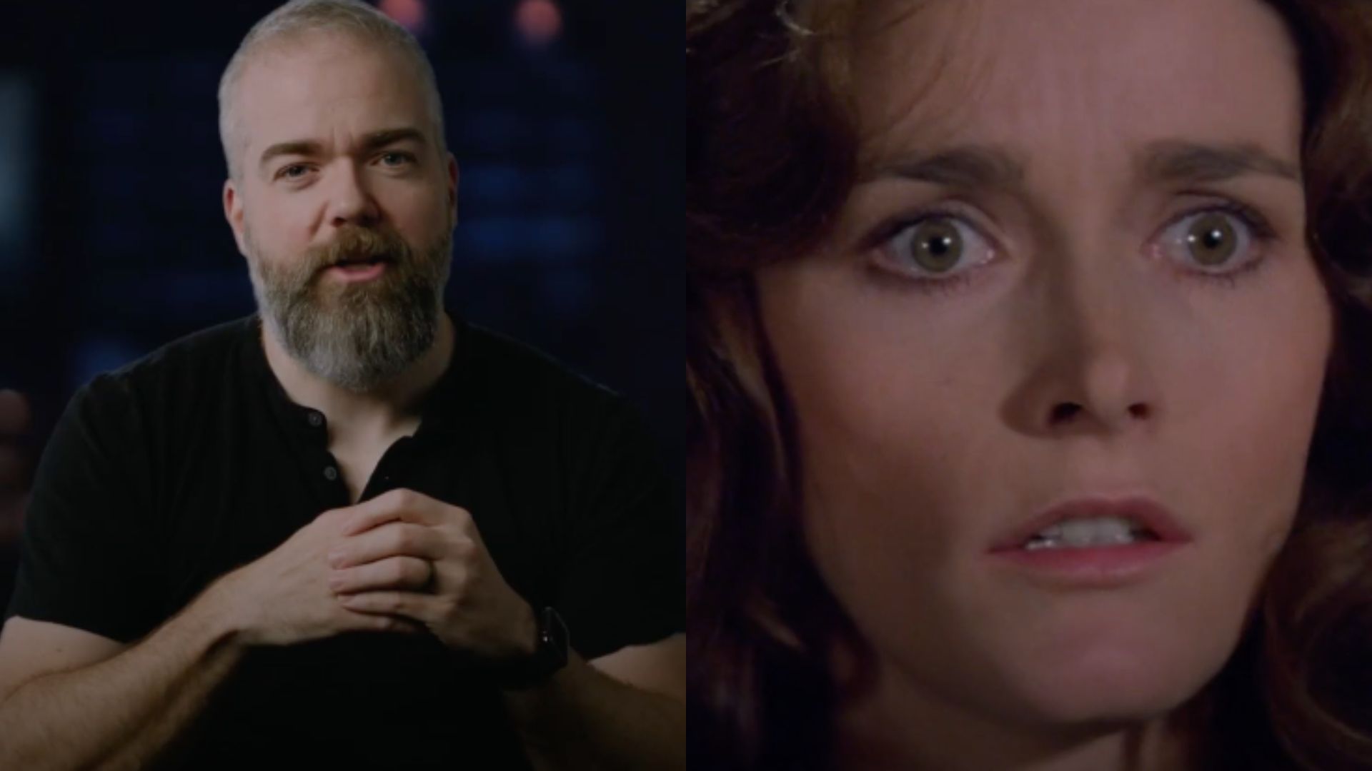 This is a collage of David F. Sandberg (left) and a still from the 1979 film The Amityville Horror, featuring Margot Kidder (right)