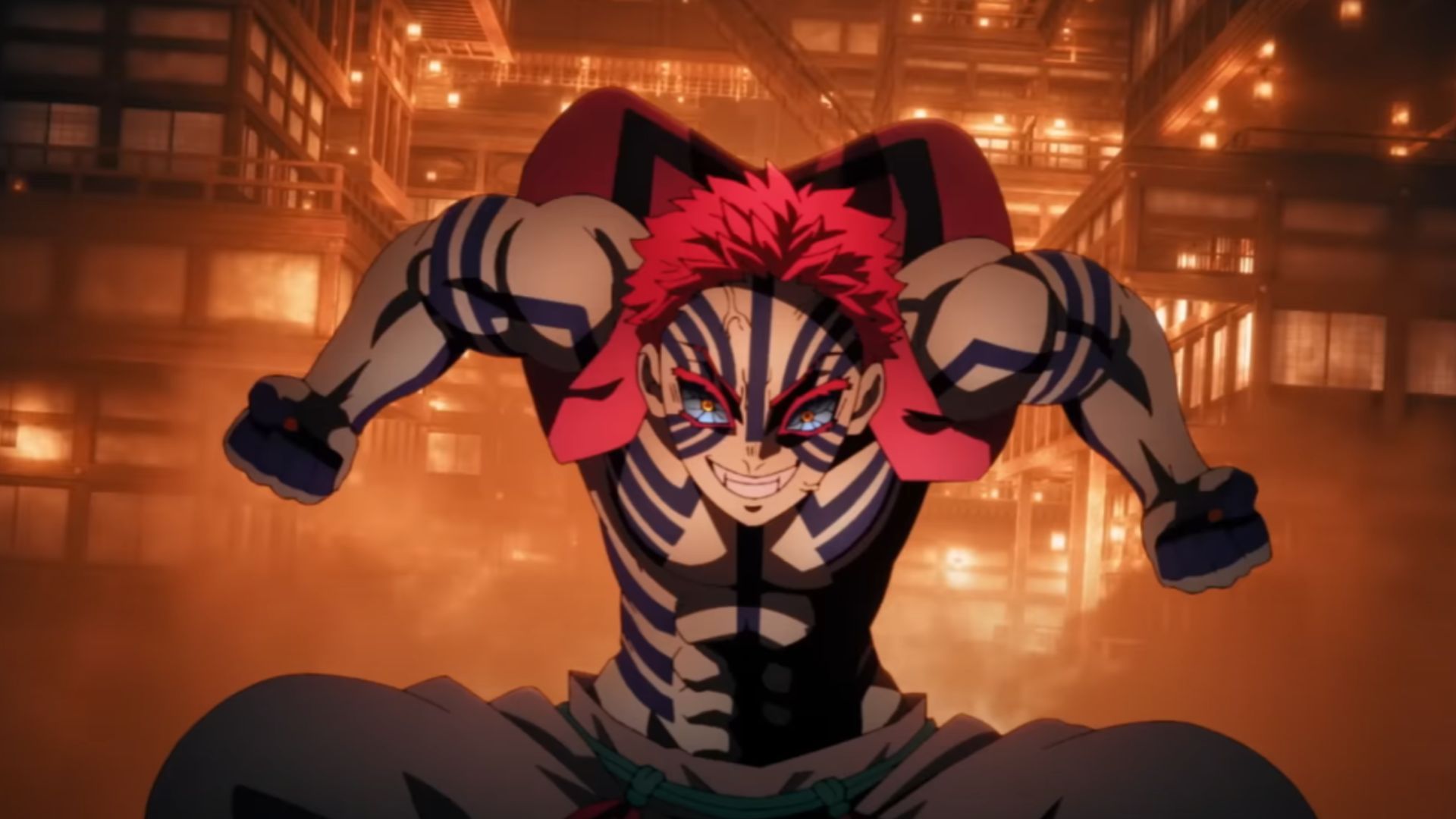 Akaza, the Upper Moon Three, as seen in the movie (Image Source: Studio Ufotable)
