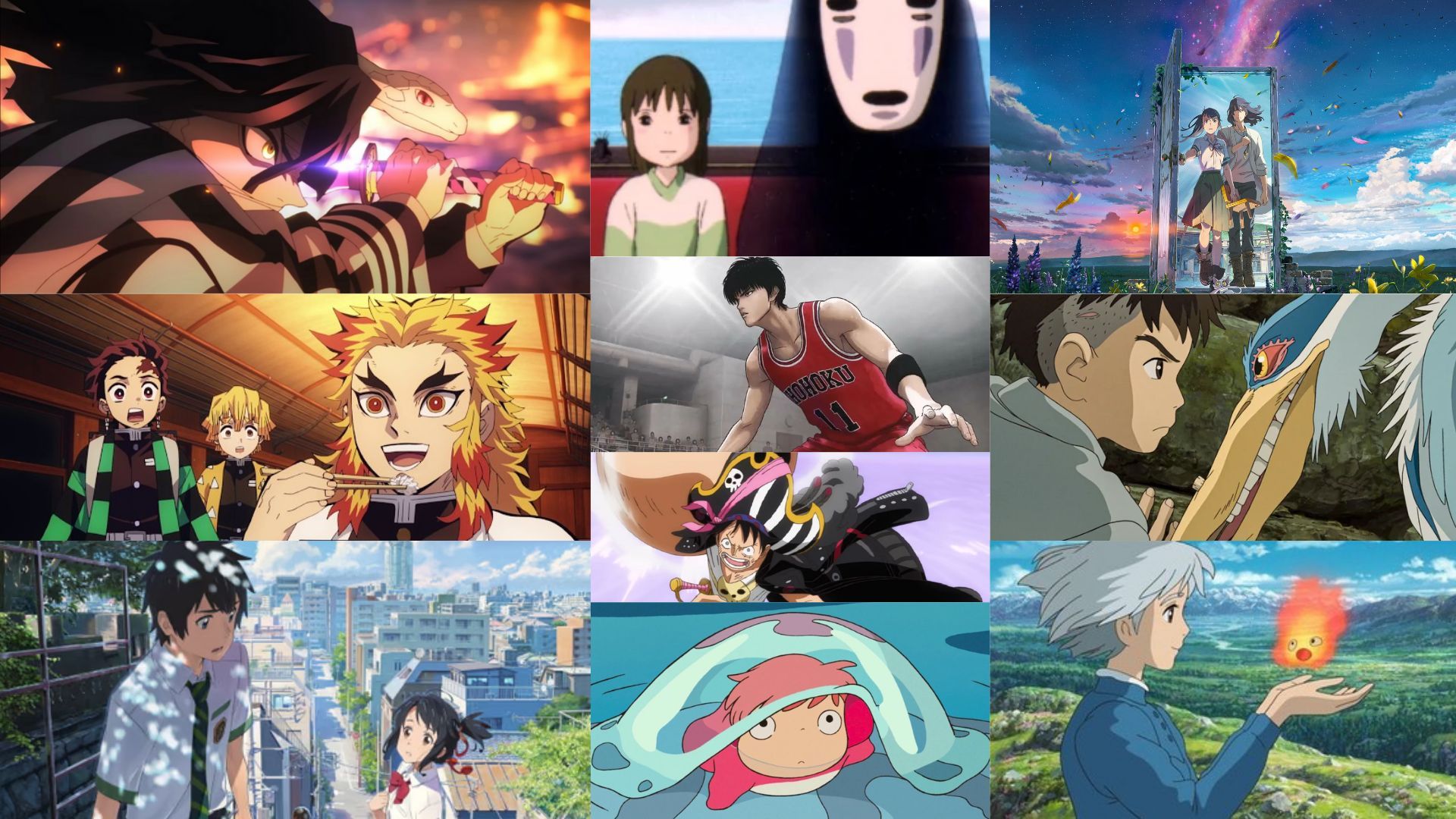 Obanai Iguro; Rengokku, Tanjiro and Zenitsu; Taki and Mitsuha; Chihiro and No Face; Suzume and Souta; Mahito and Grey Heron; Ryota; Luffy; Ponyo; Sophie and Calcifer