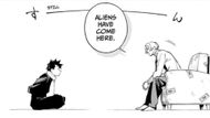 Tsurugi and a trafficker talking about aliens (Image Source: Shueisha)